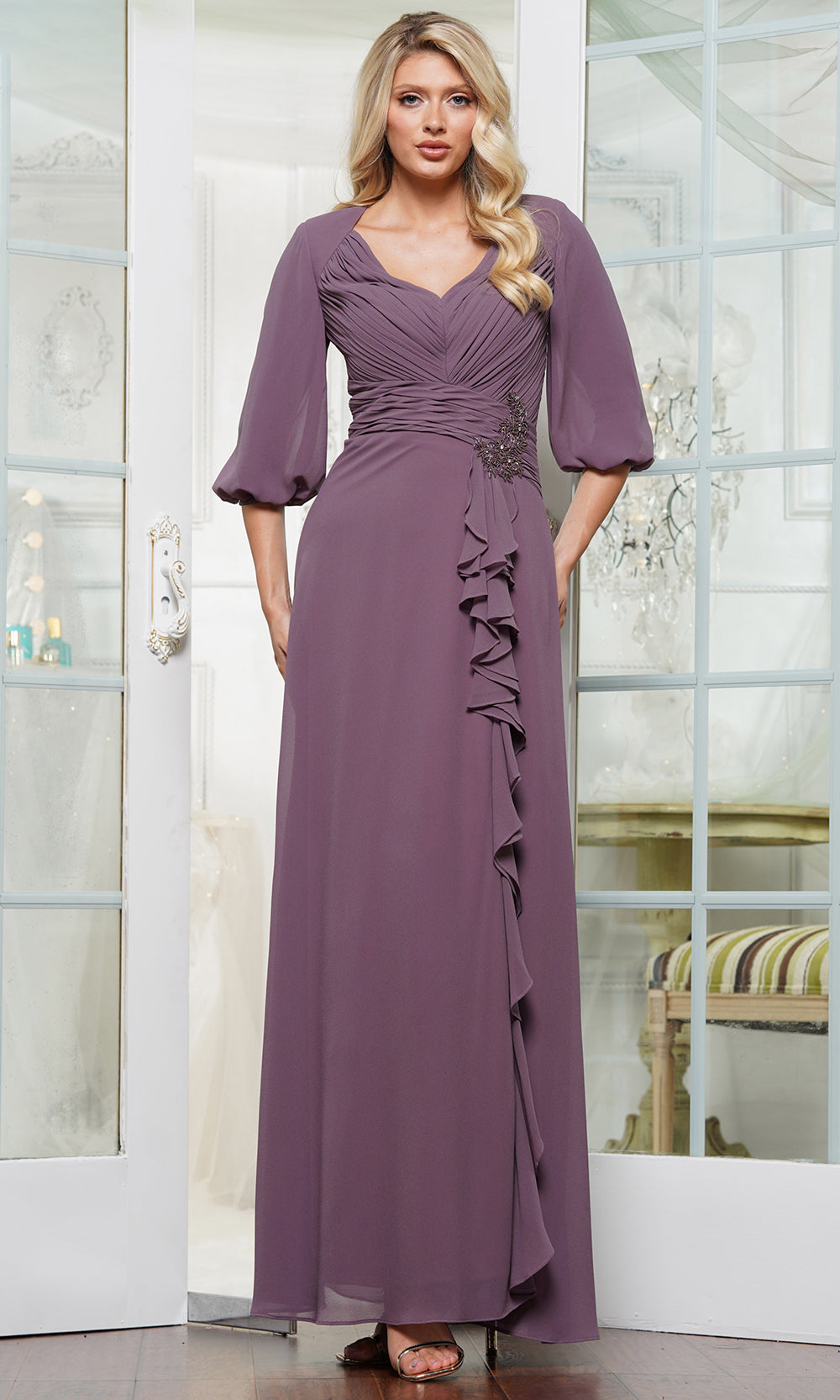 Puff Sleeve Cascading Ruffle Formal Gown