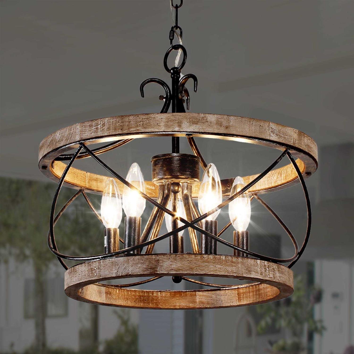Bella Depot 5-Light Rustic Cage Wood Chandelier Dimmable Lighting FC4059-5H