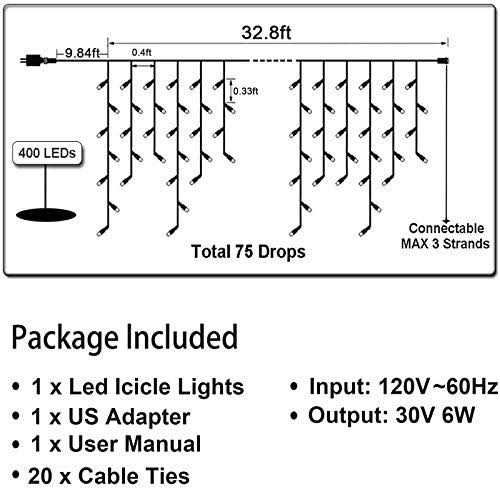 TuoPuLife Icicle Lights Outdoor 32.8ft 400 LED Icicle Christmas Lights with Timer