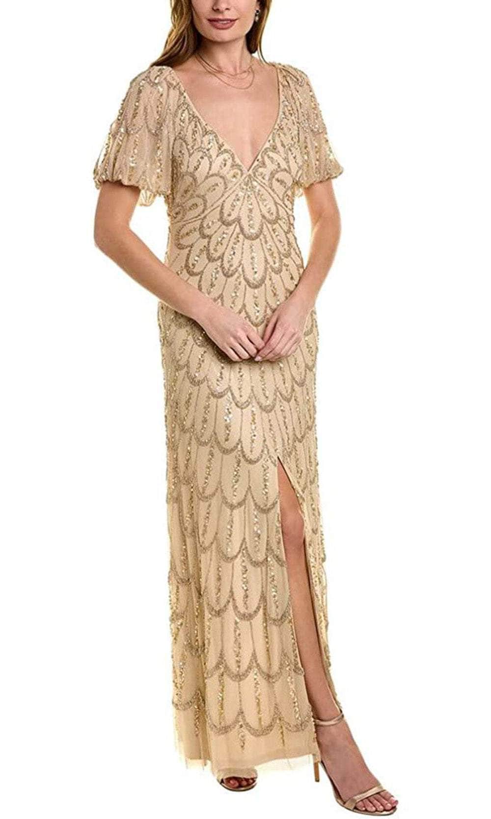 V Neck Gold Feather Print Dress