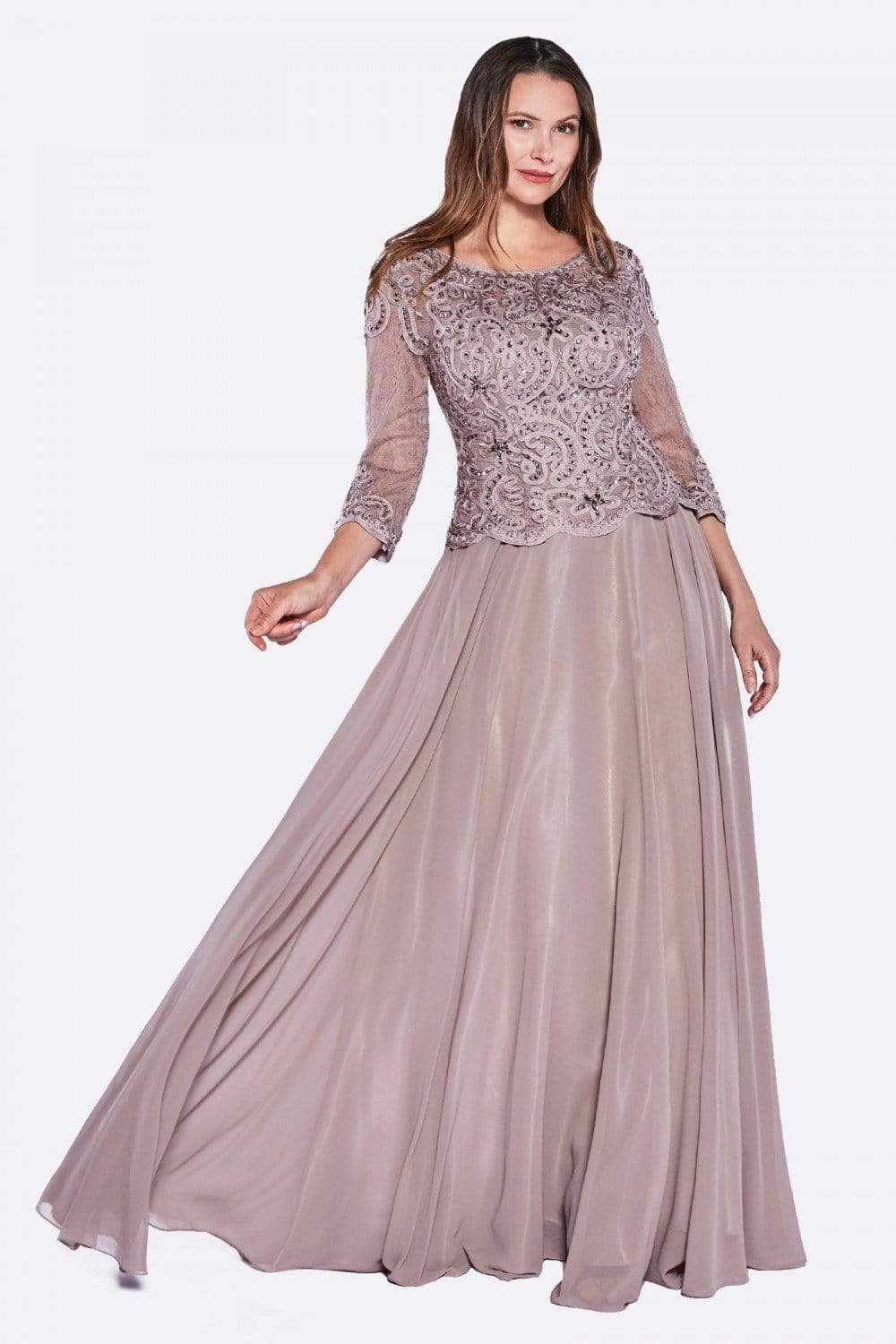14327 Quarter Sleeve Soutache Bodice A-Line Long Formal Dress