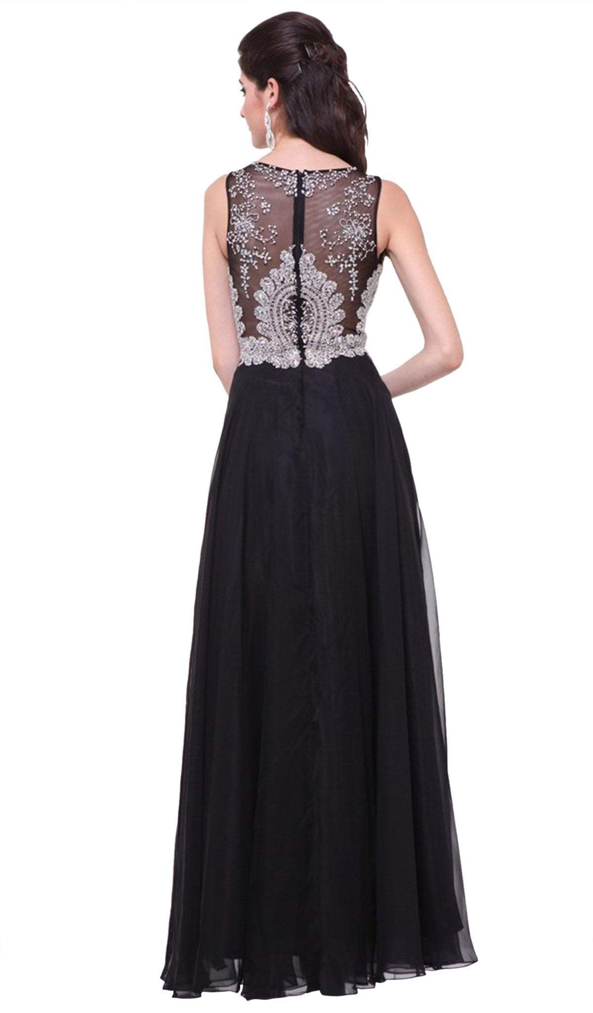 Sleeveless Illusion Metallic Appliqued A-Line Gown