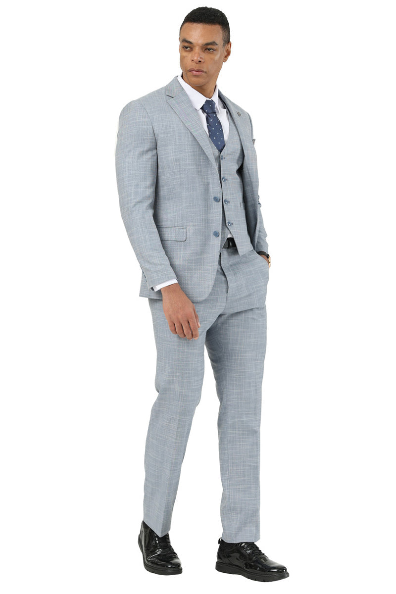 Men’s Designer Stacy Adams Vested Suit in Light Grey Sharkskin Weave