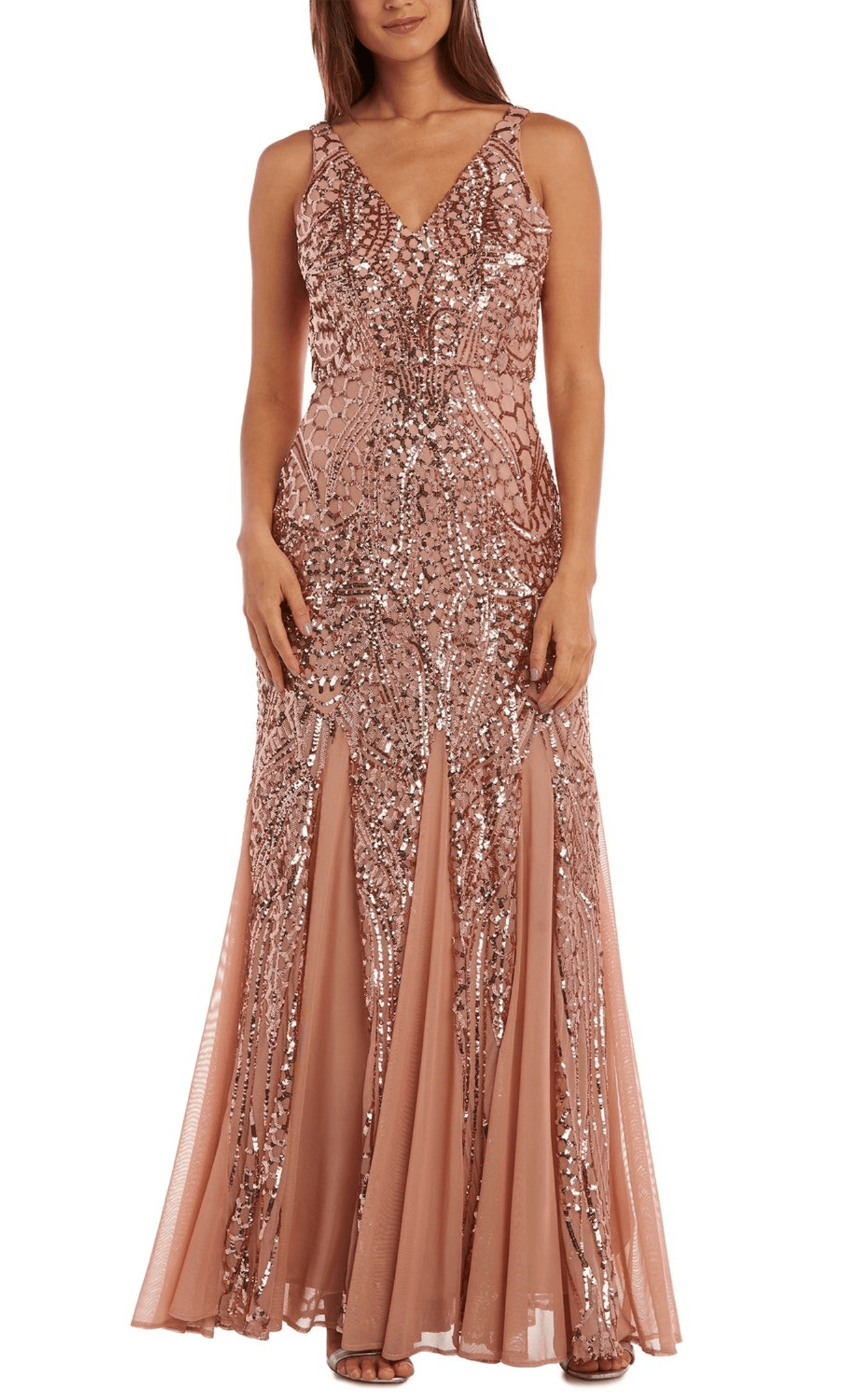 V-Neck Sequin Godets Evening Gown