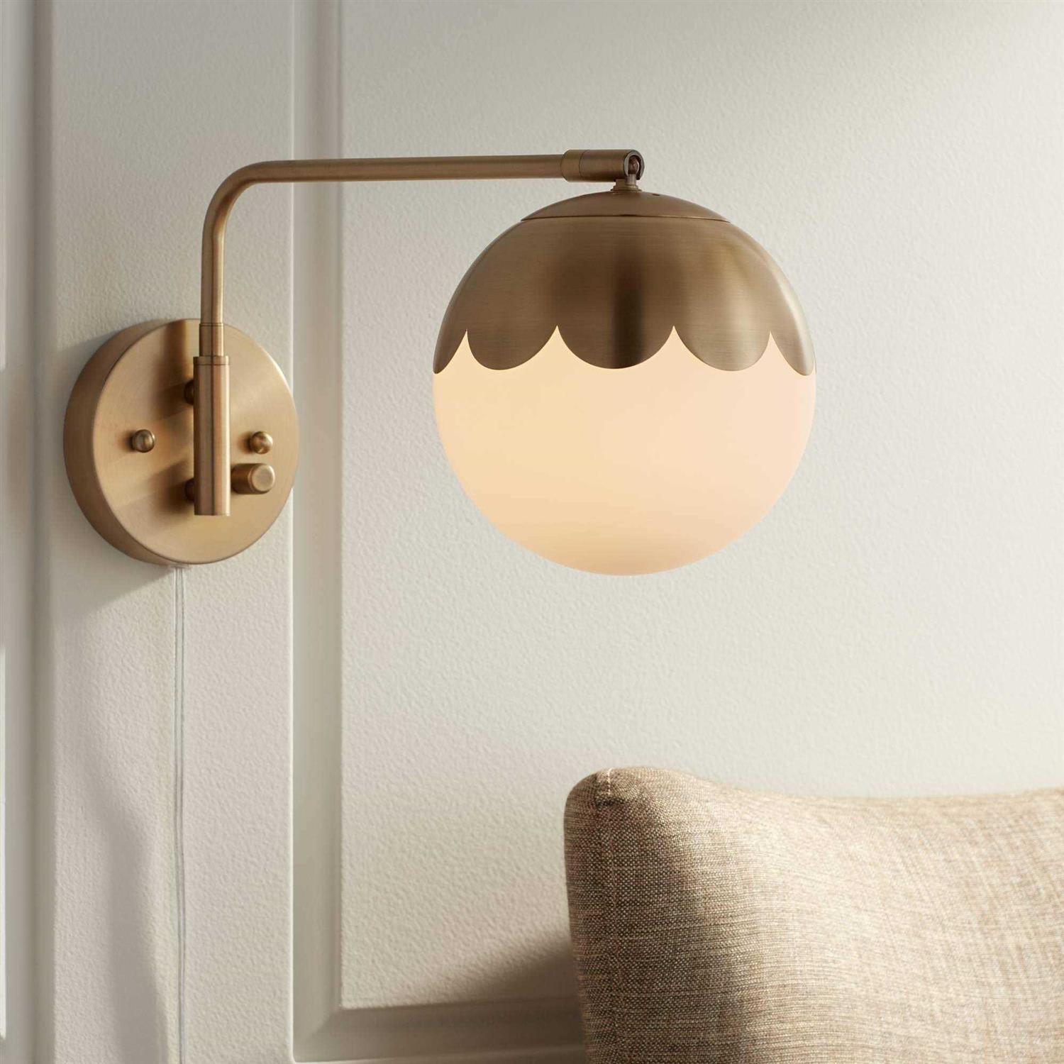 360 Lighting Kelowna Modern Swing Arm Wall Brass Plug-in Light Fixture Globe Glass Shade for Bedroom Bedside Living Room Reading