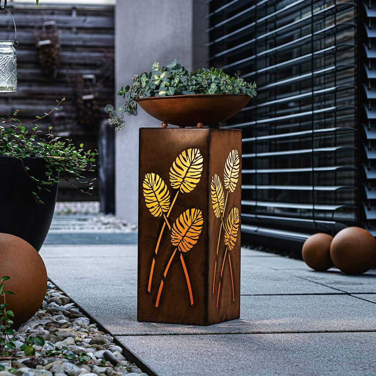 Westcharm Rustic Led Pillar Garden Statue with Planter Dish Bowl and Automatic Timer