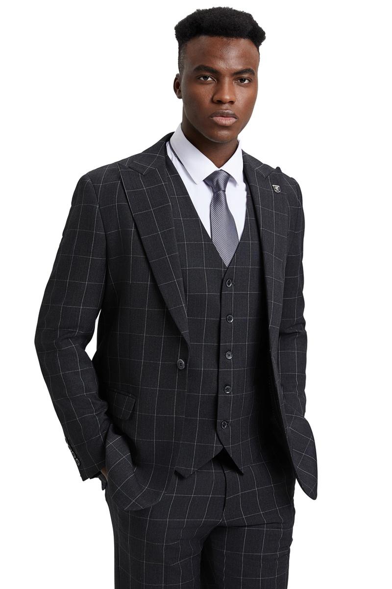 Men’s Stacy Adams Vest Classic Bold Windowpane Suit in Dark Charcoal Grey