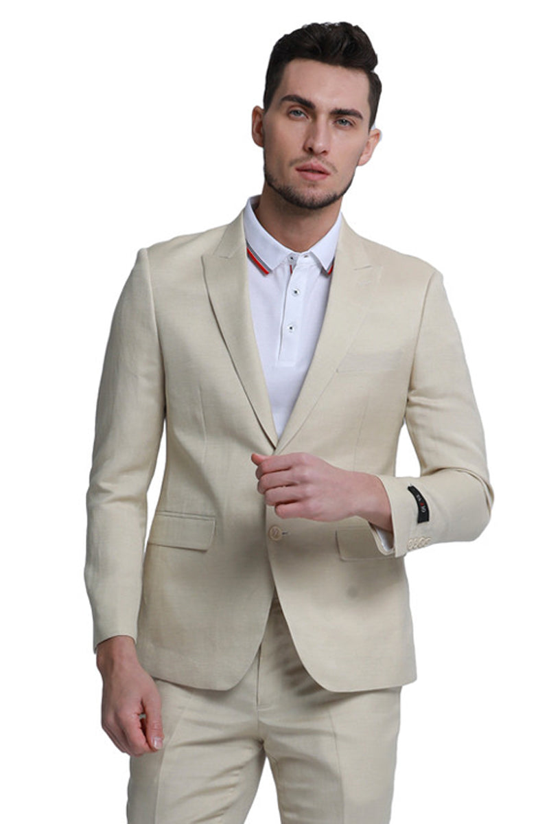 Men’s Two Button Peak Lapel Summer Linen Style Beach Wedding Suit in Tan
