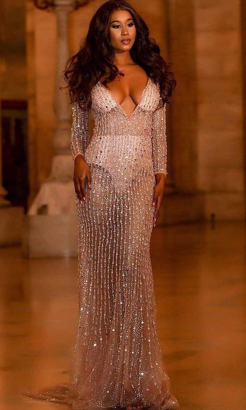 06559 See Through Bejeweled Plunging Gown
