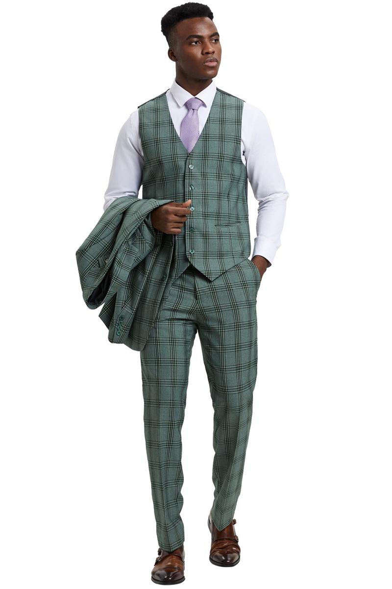 Men’s Stacy Adams Two Button Vested Glen Plaid Check Suit in Light Olive Green