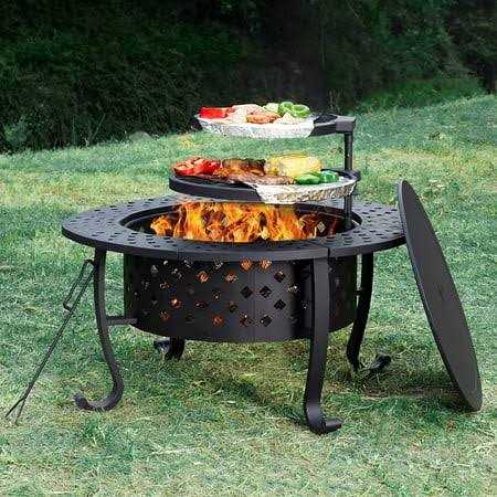 Papajet 36 inch Fire Pit with 2 Grill with Lid for Outside