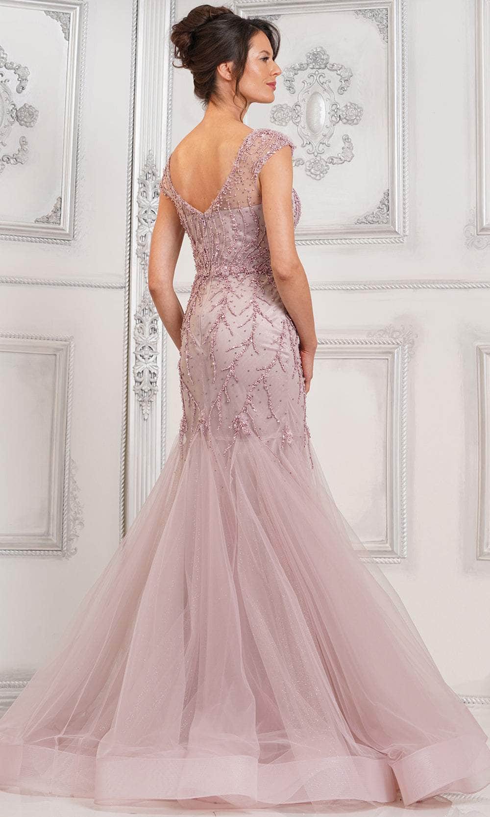 Sheer Cap Sleeve Beaded Formal Gown