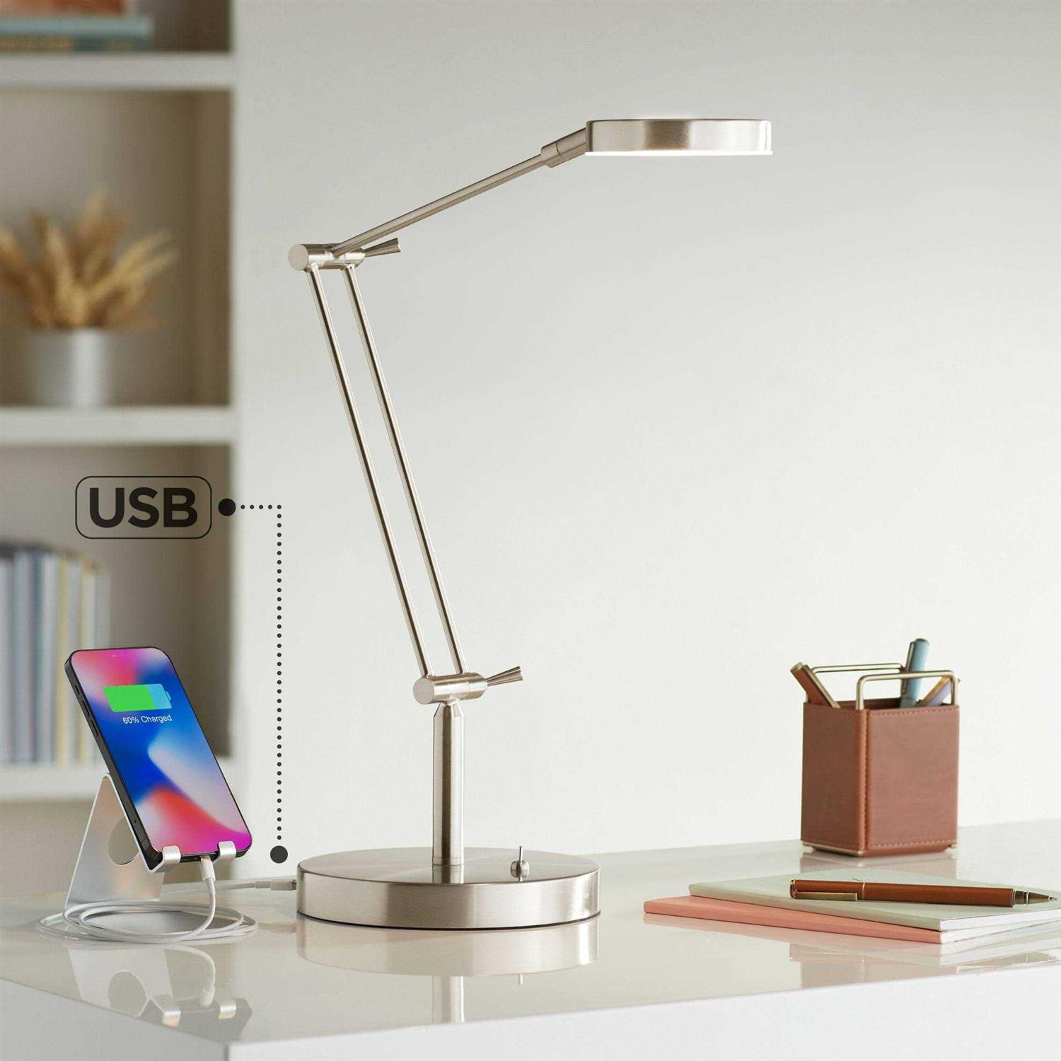 360 Lighting Xenos Modern Desk Lamp 20 High Satin Nickel with USB Charging Port LED Adjustable Arm White Head for Bedroom Living Room Bedside Reading