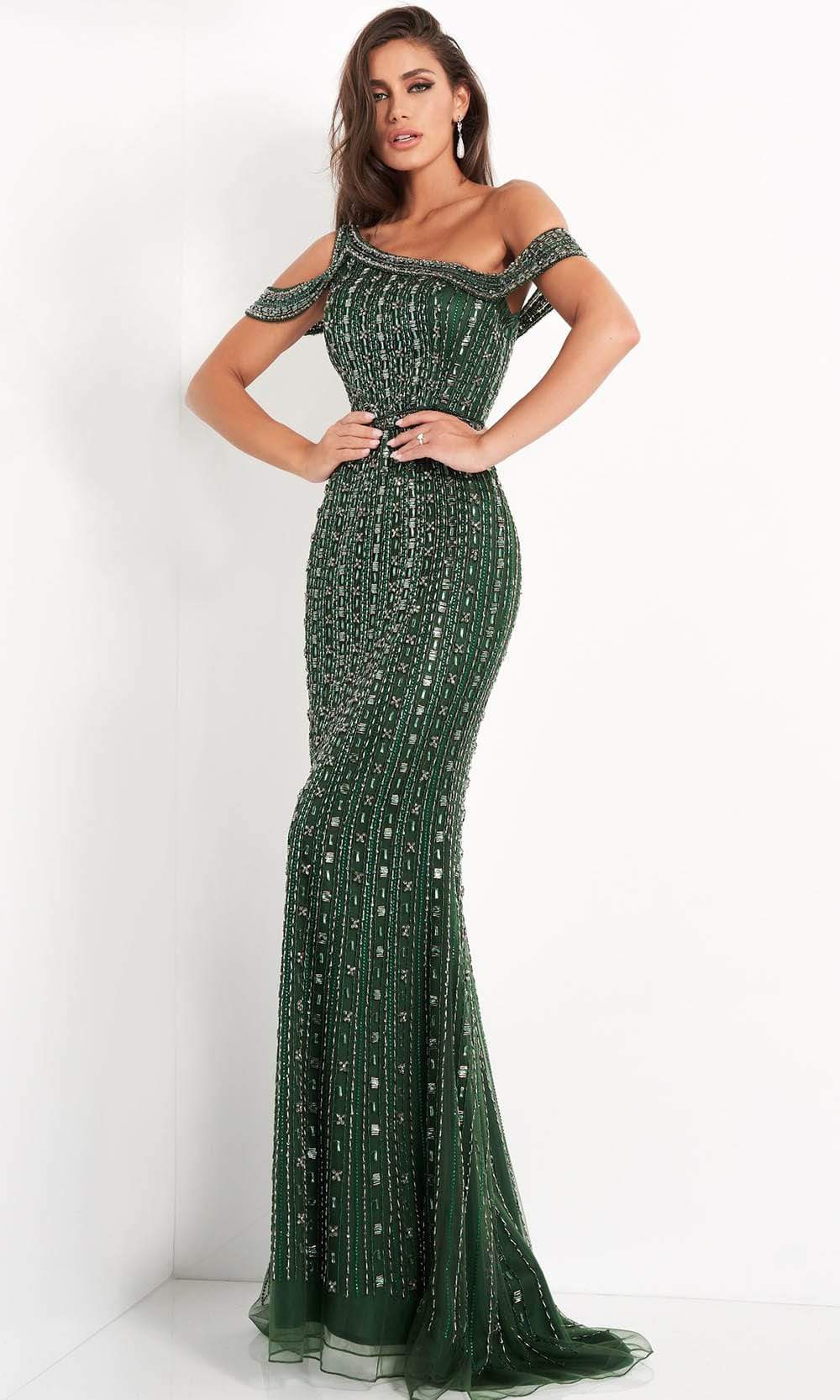 03124 Beaded Cold Shoulder Sheath Gown