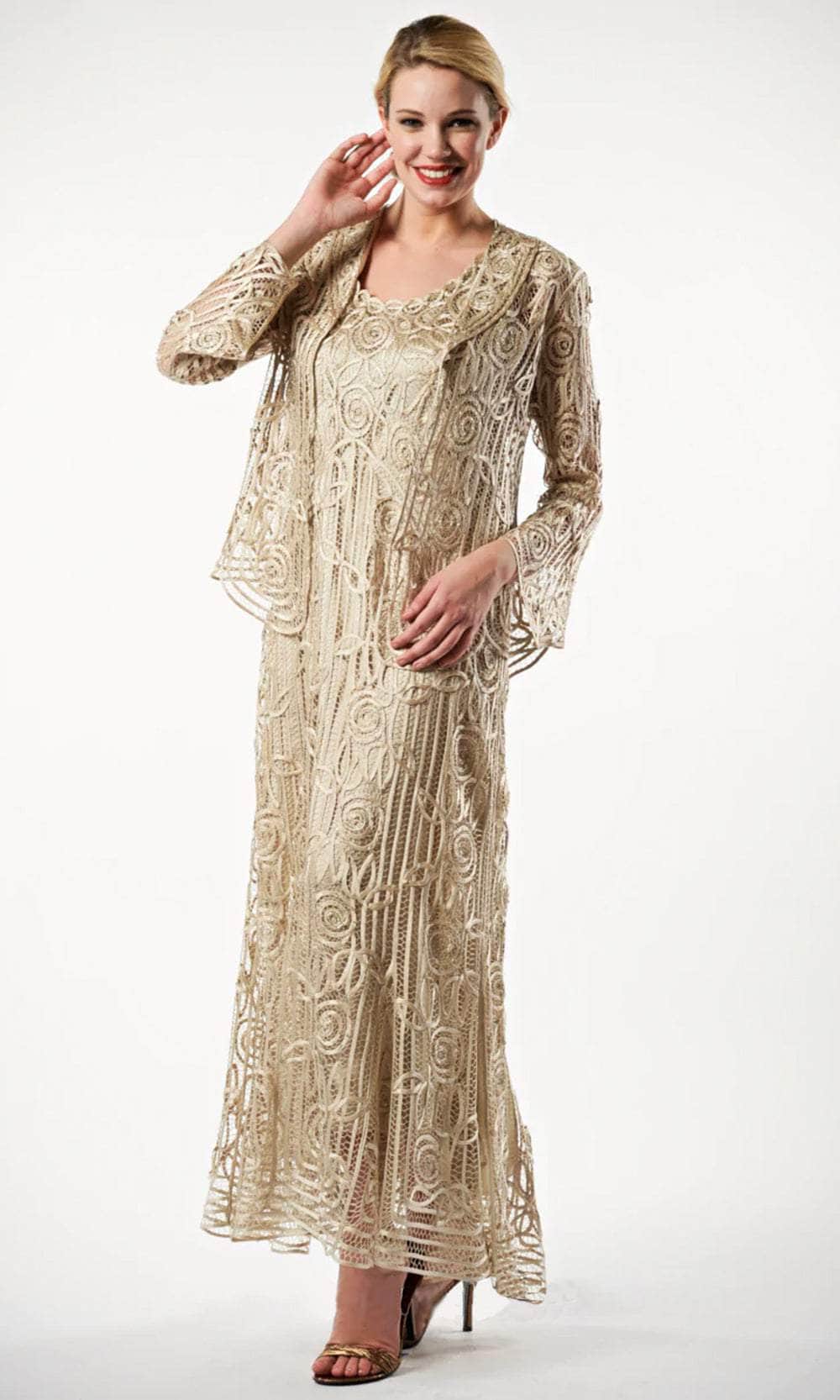 Beaded Silk Lace Collar Jacket With Godet Dress Set