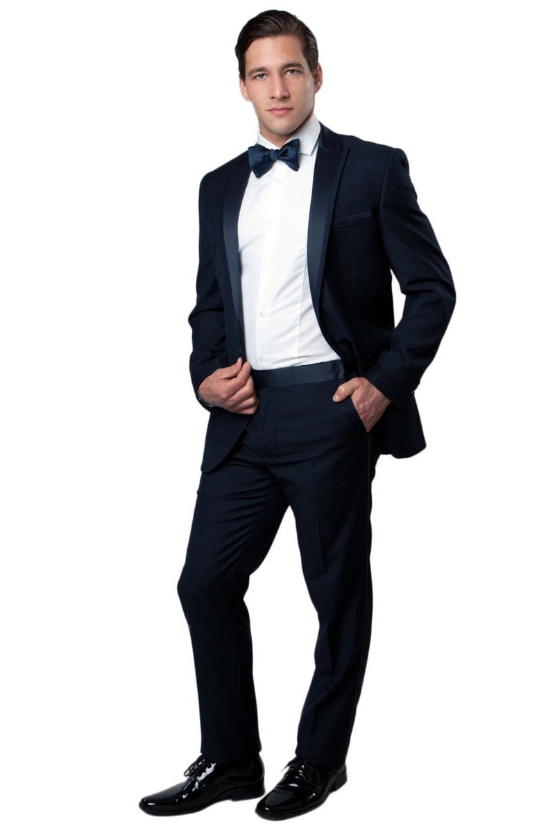 Men’s Slim Fit One Button Satin Trim Peak Lapel Prom & Wedding Tuxedo in Navy Blue