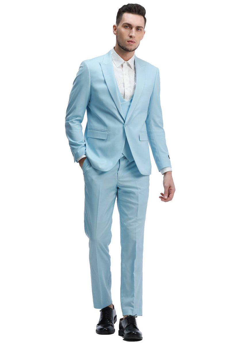 Men’s Slim Fit One Button Peak Lapel Low Cut Double Breasted Vest Wedding Suit in Light Blue