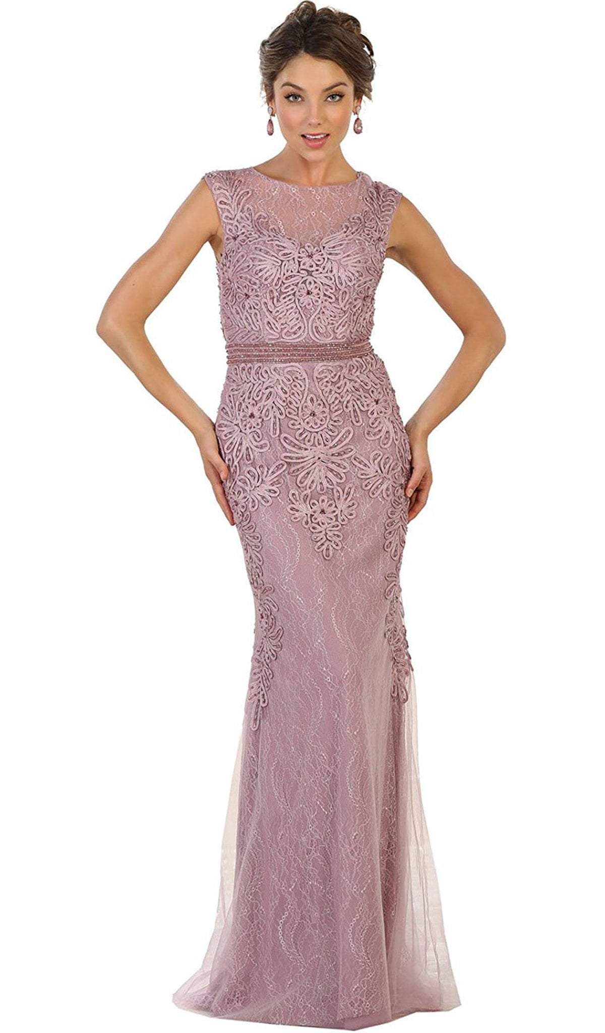 Bedazzled Sheer Bateau Sheath Evening Dress