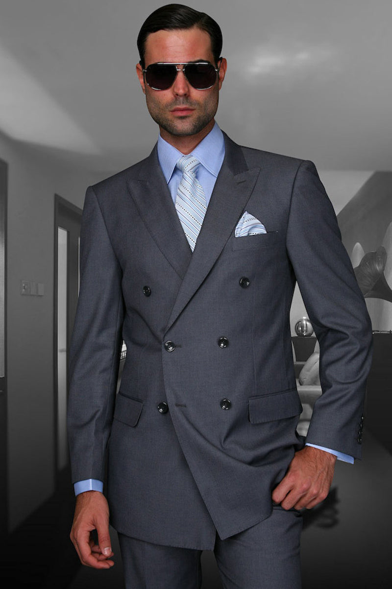 Men’s Designer Double Breasted Wool Suit in Charcoal Grey