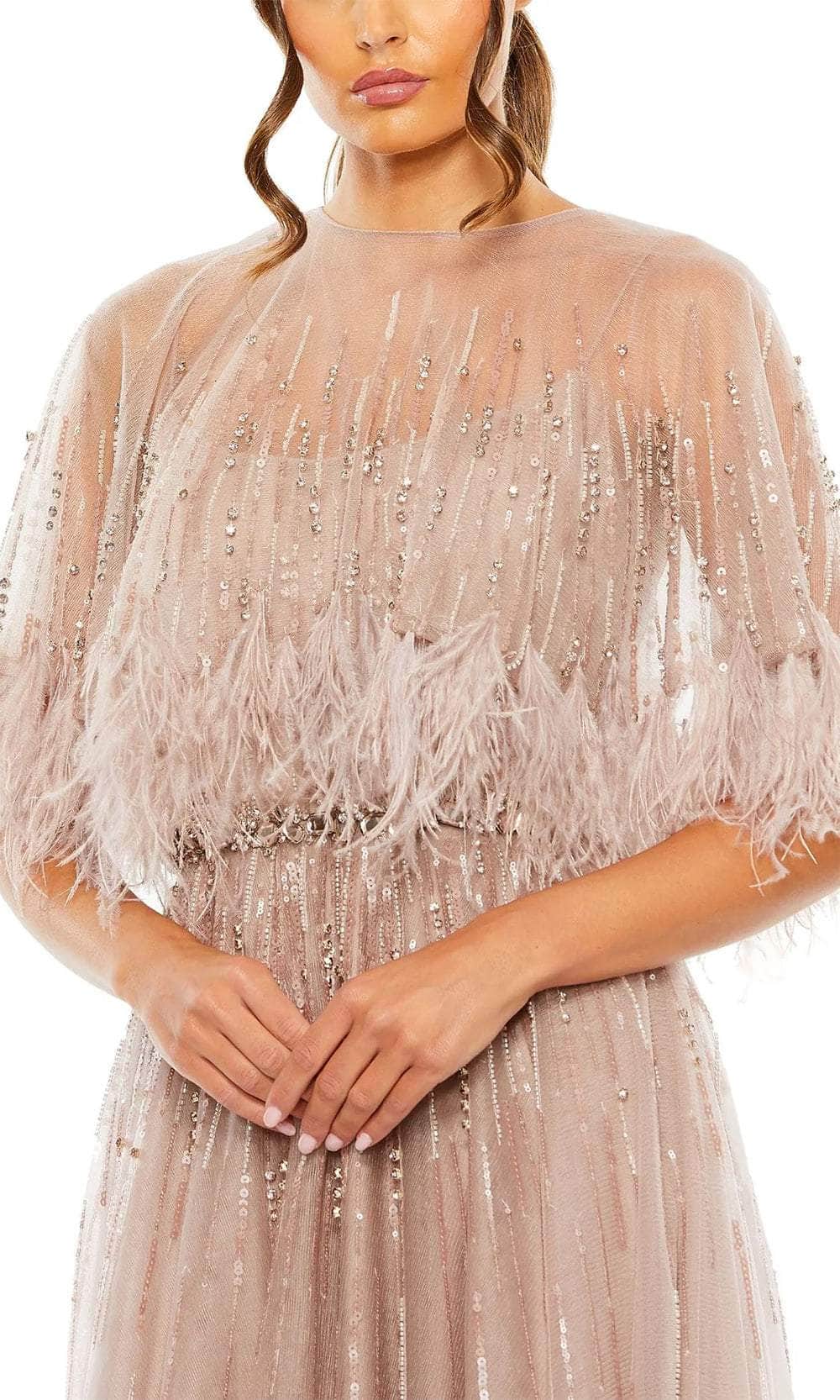 Feather Detail Cape Evening Dress