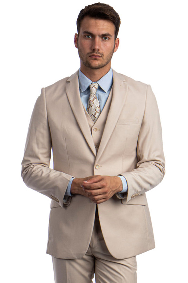 Men’s Two Button Basic Hybrid Fit Vested Suit in Tan