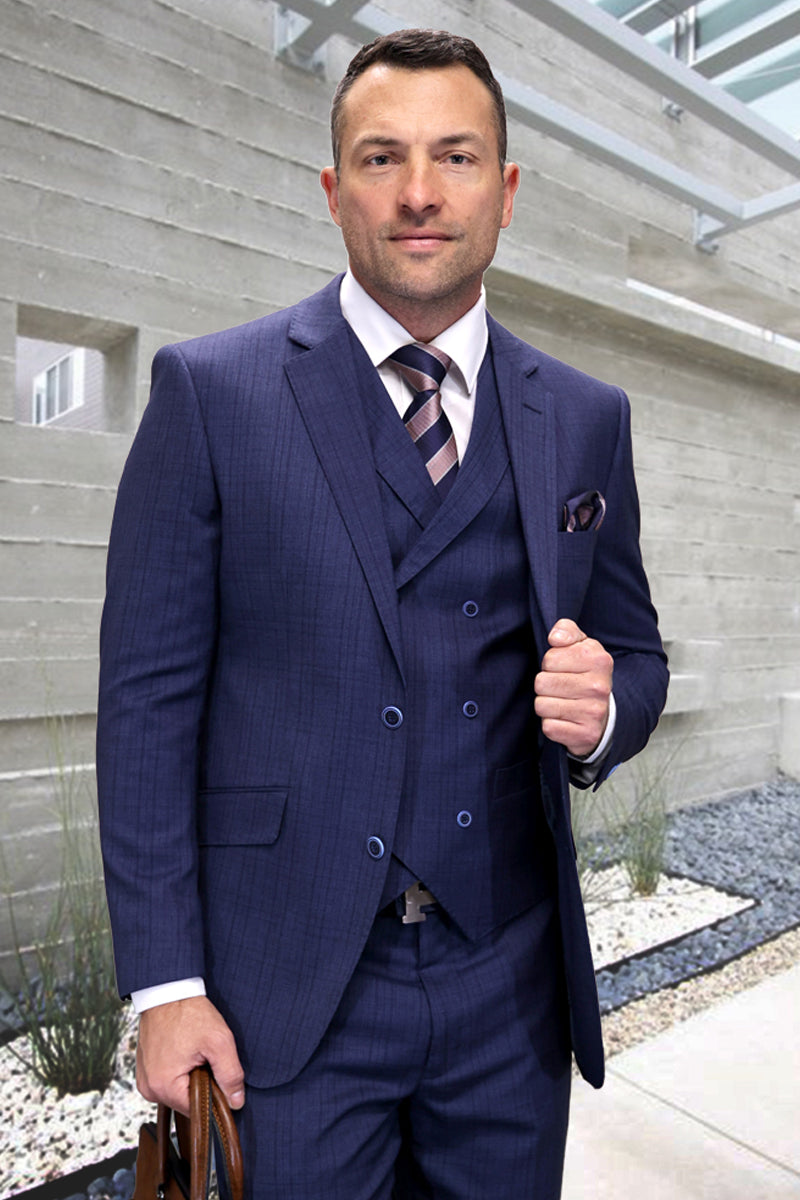 Men’s Two Button Modern Fit Wool Suit in Blue Plaid with Double Breasted Vest
