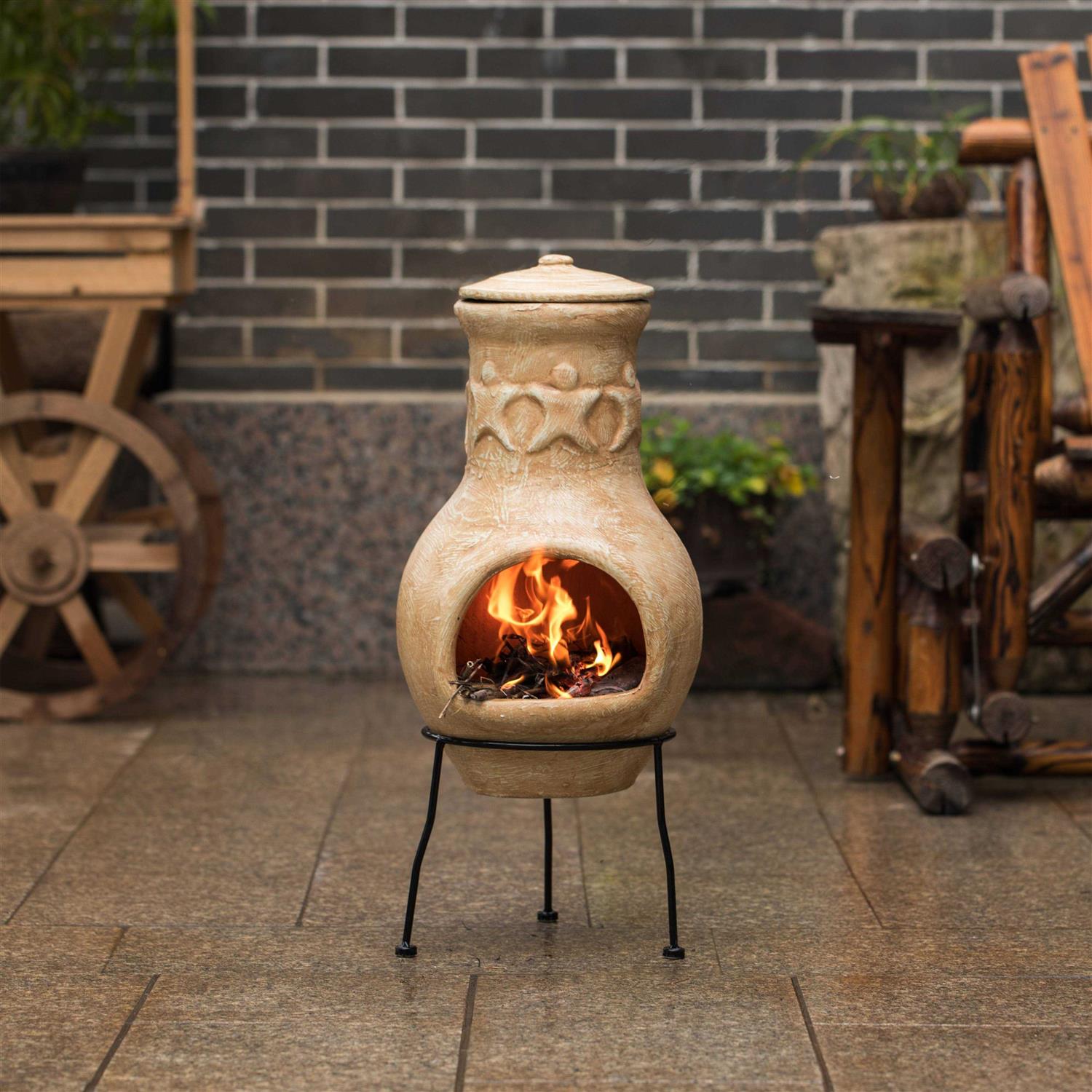 Beige Outdoor Clay Chiminea Outdoor Fireplace Maya Design Charcoal Burning Fire Pit with Sturdy Metal Stand Vintiquewise