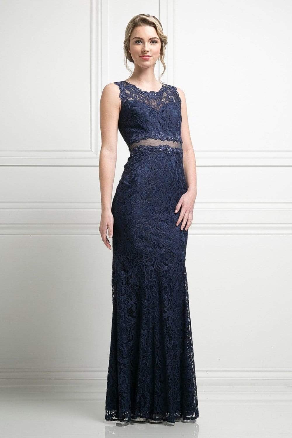 CF067L Floral Lace Mock Two-Piece Sheath Long Formal Dress