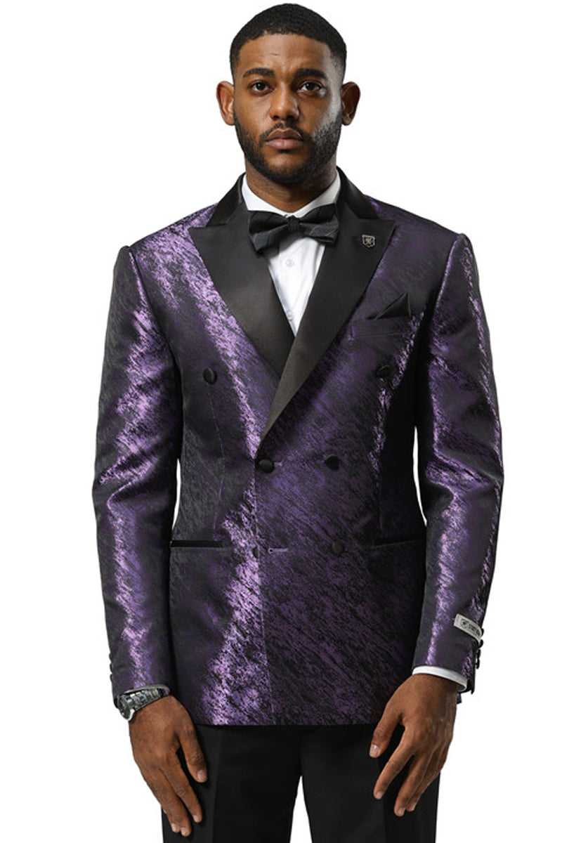 Men’s Stacy Adams Double Breasted Wedding & Prom Tuxedo Jacket in Textured Shiny Purple Sharkskin