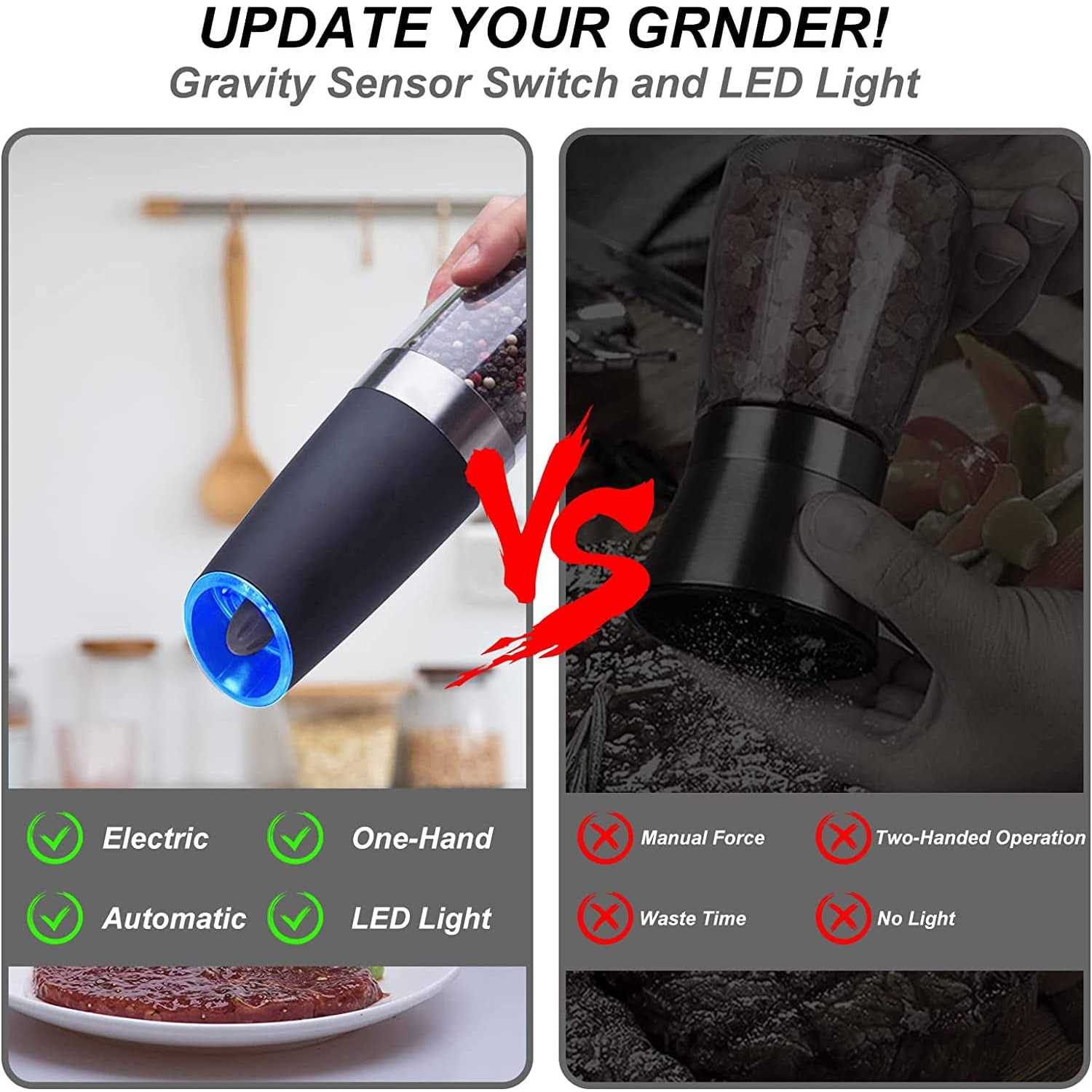 2 Pcs Electric Salt and Pepper Grinder Set Battery Operated One Hand Automatic Operation