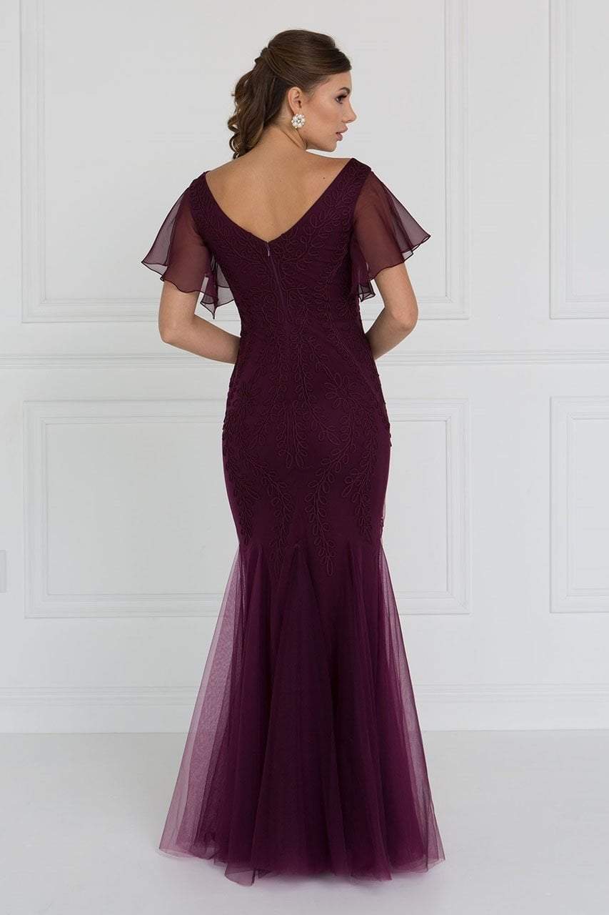 GL1576 Butterfly Sleeve Embroidered Foliage Trumpet Gown