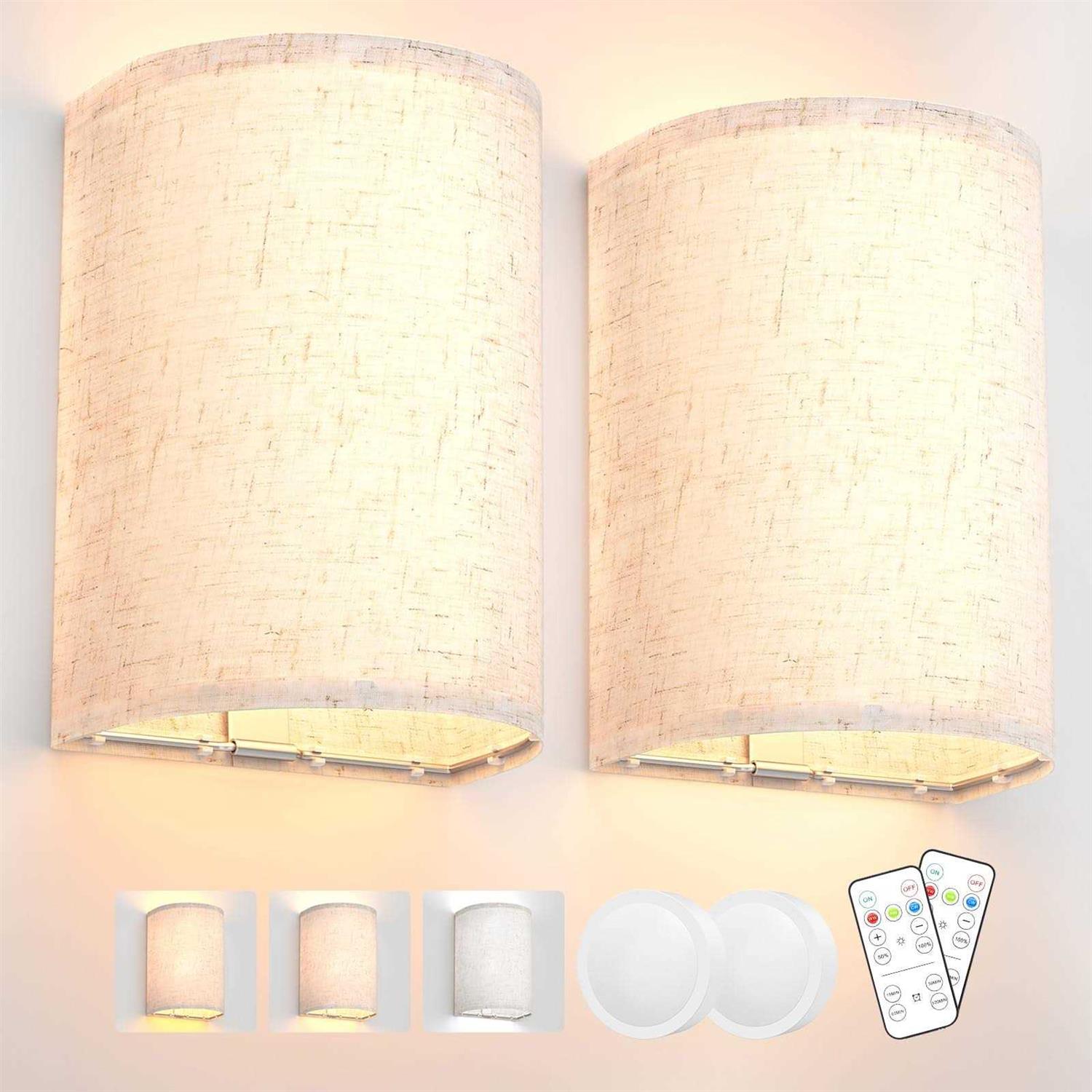 Tivkight Wall Sconces Set of Two Battery 3 Colors Changeable Dimmable Wall Lights Fixtures with Remote Control Fabric Wall Lamp