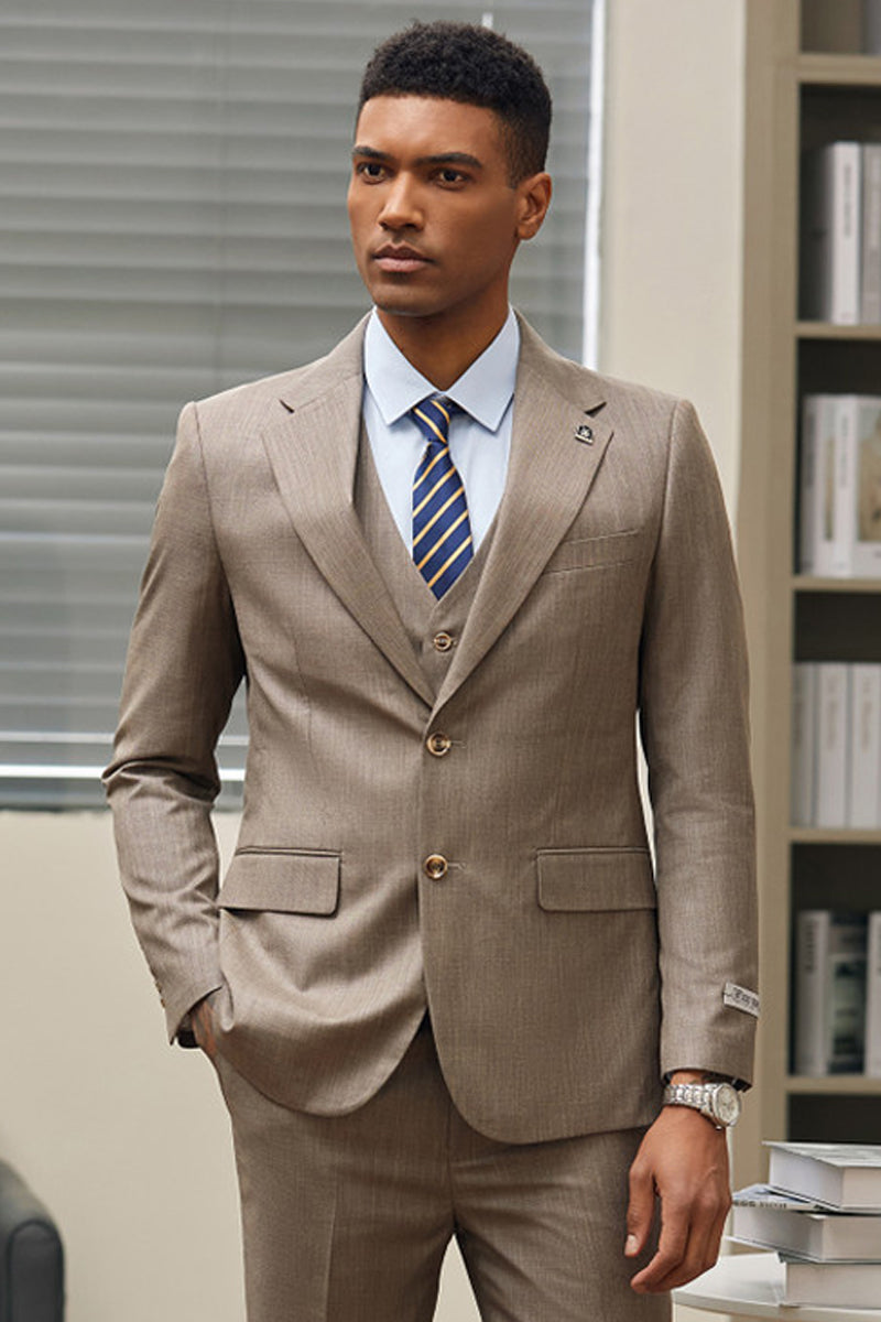 Men’s Stacy Adam’s Two Button Vested Sharkskin Business Suit in Dark Tan