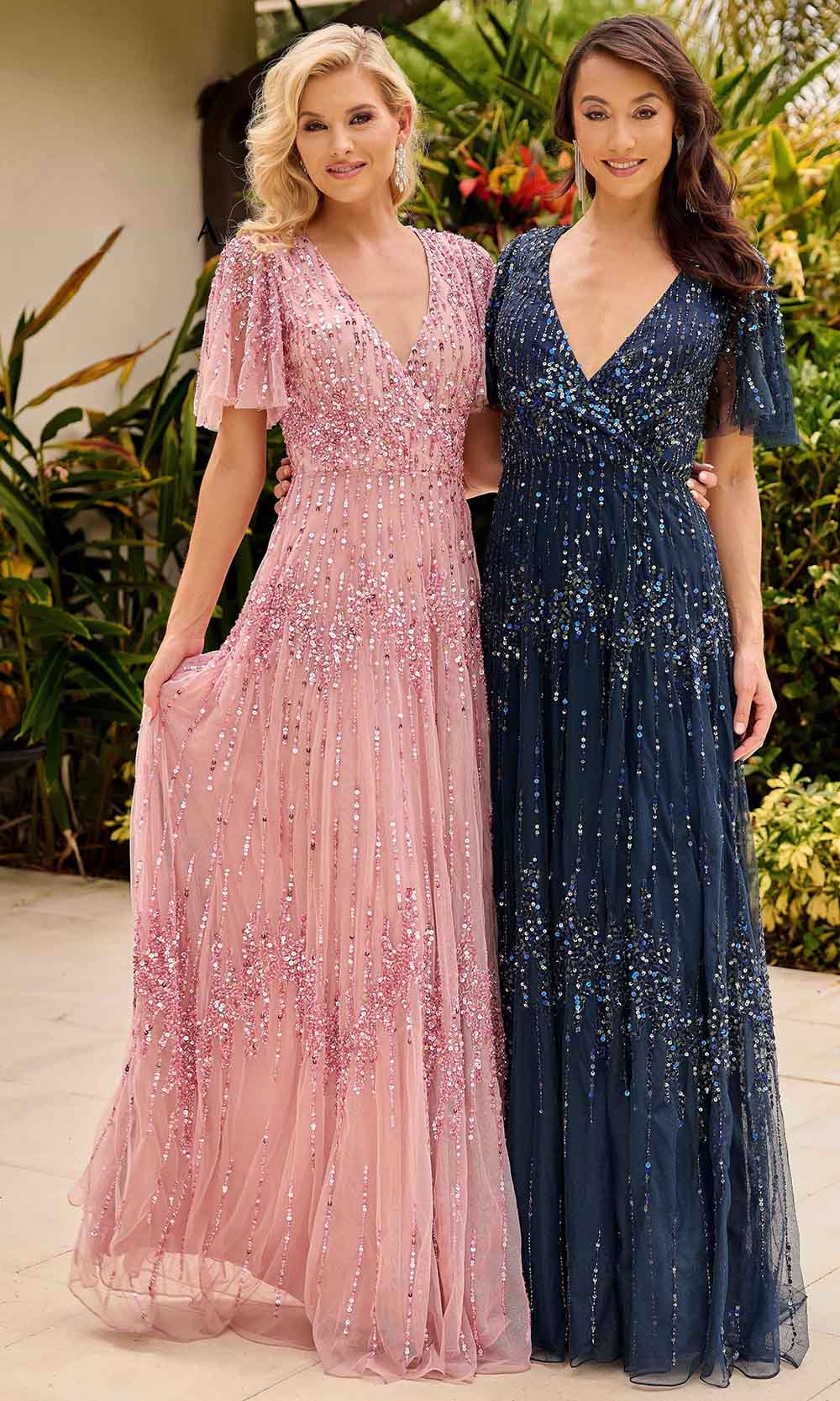 V-Neck Sequin Embellished Evening Gown