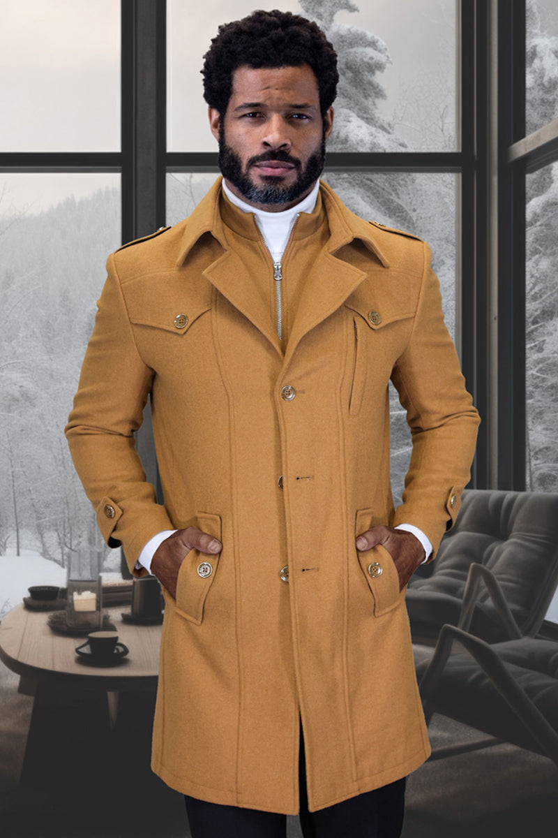Men’s Designer Wool & Cashmere Car Coat with Zip Out Liner in Camel