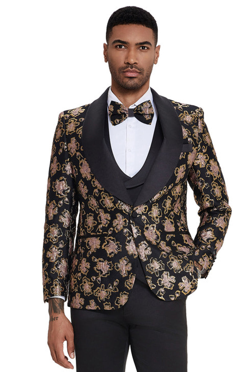 Men’s Slim Fit Vested Wedding & Prom Shawl Lapel Paisley Tuxedo in Black & Red