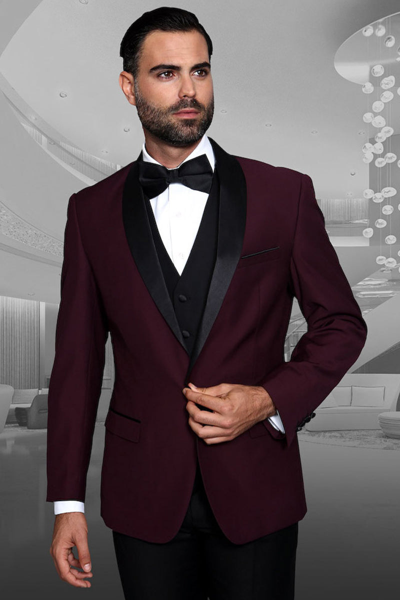 Men’s Vested Classic Dinner Jacket Wedding Tuxedo in Burgundy