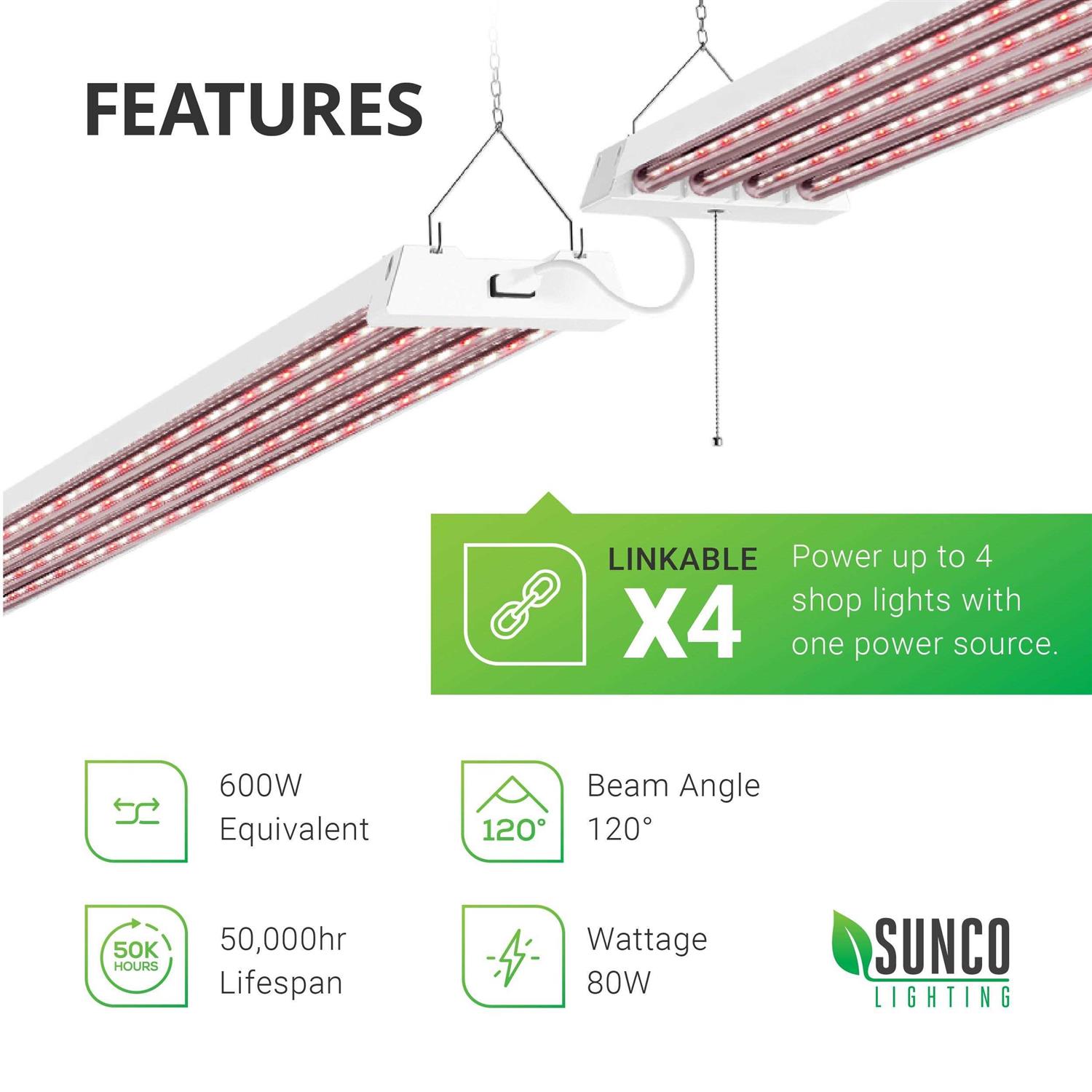 Sunco Lighting 4FT LED Grow Lights Full Spectrum for Indoor Plants 80w