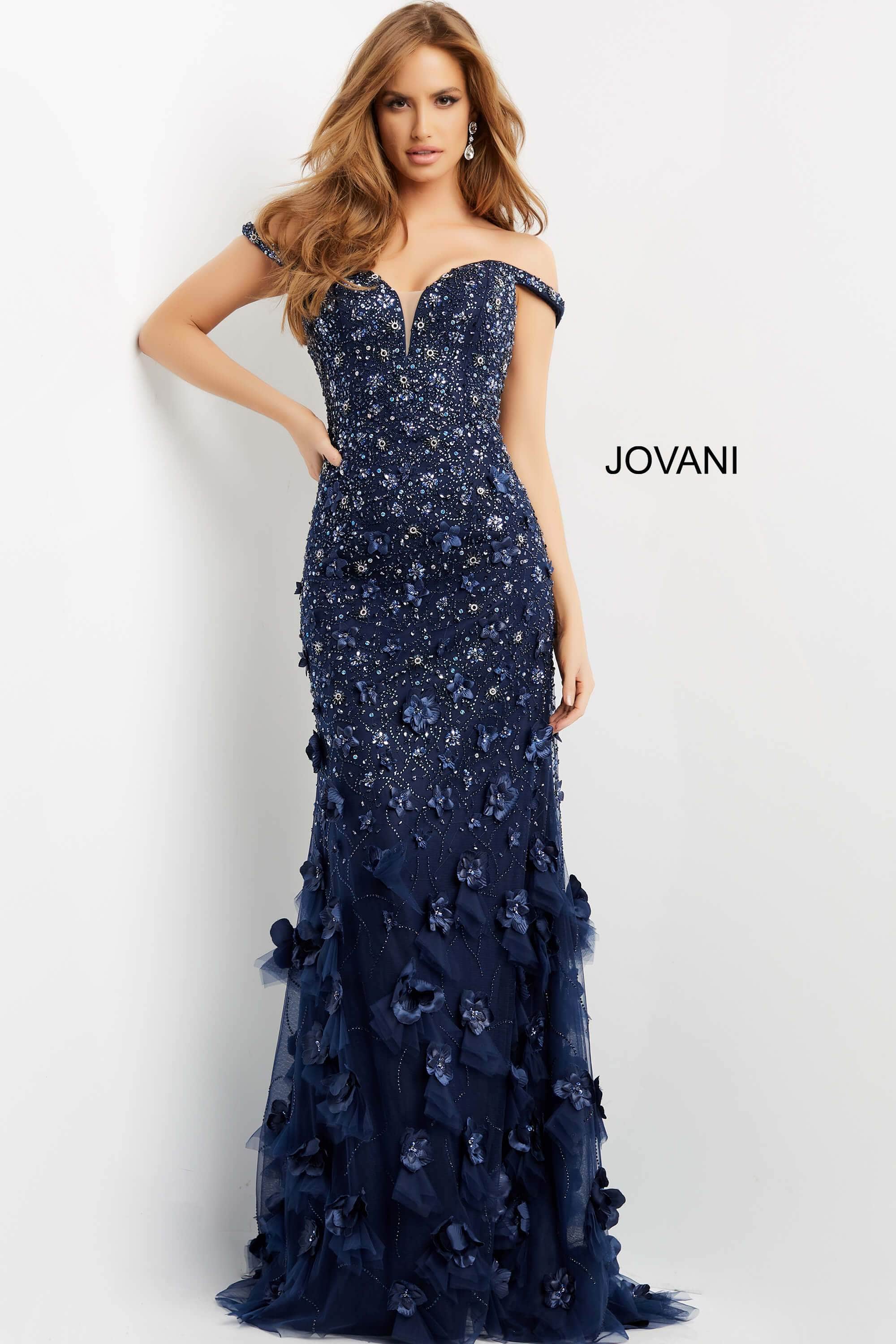 03191 Floral Appliques Off Shoulder Fitted Evening Dress