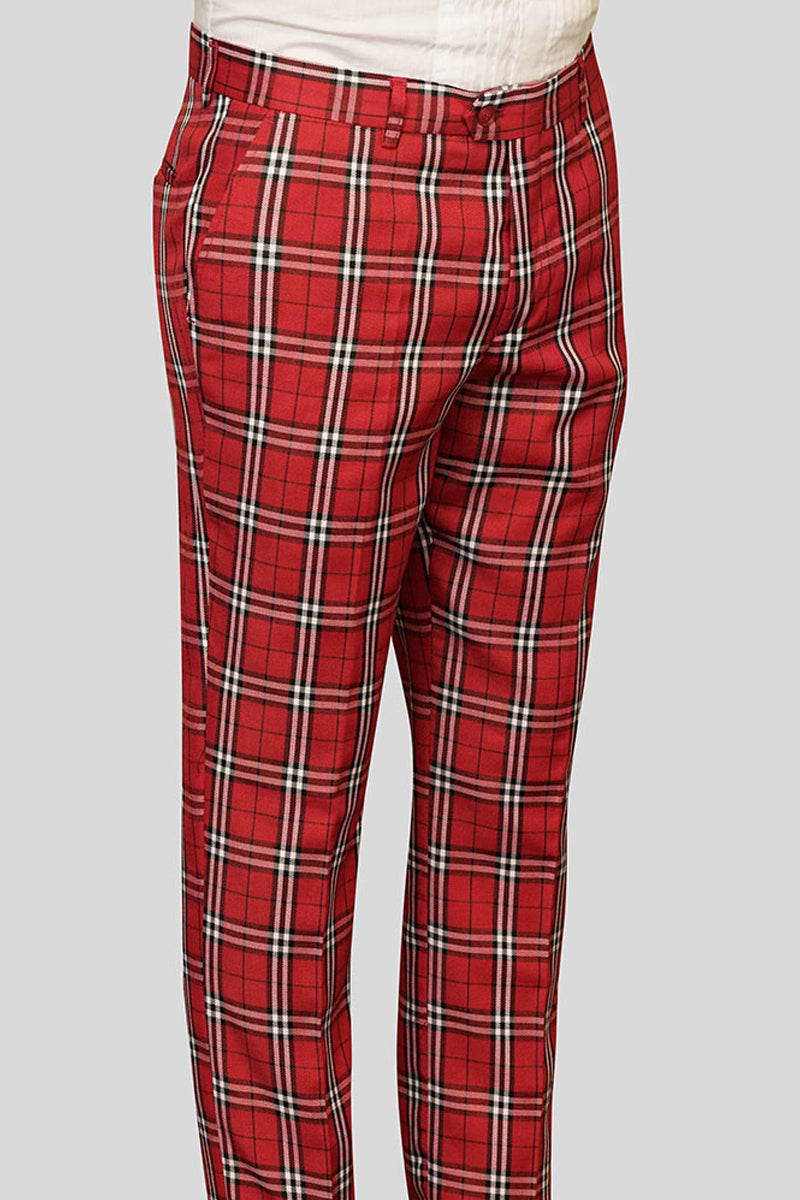 Men’s 100% Wool Slim Fit Flat Front Dress Pant in Red Glen Plaid