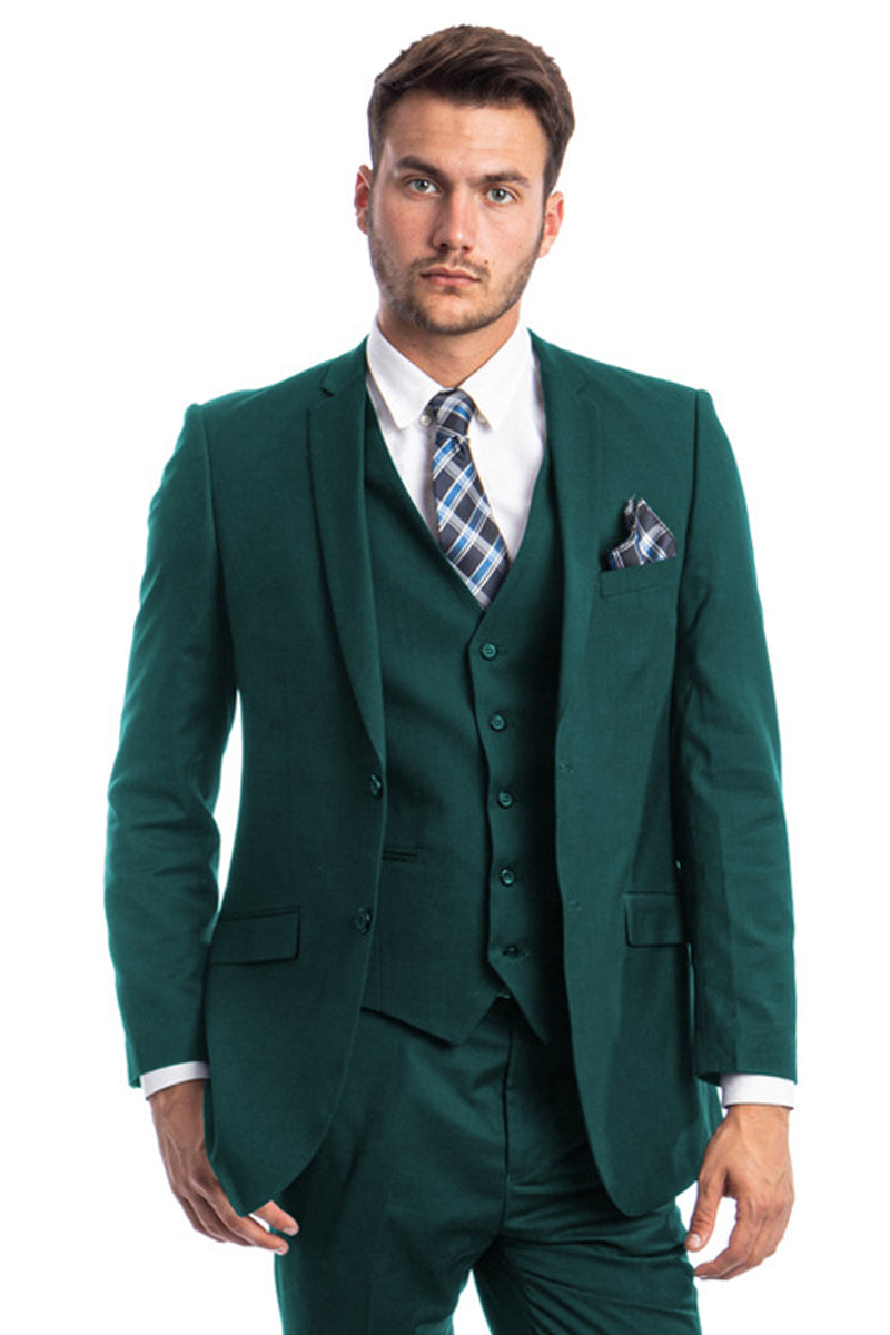 Men’s Two Button Slim Fit Basic Vested Wedding Suit in Teal Green