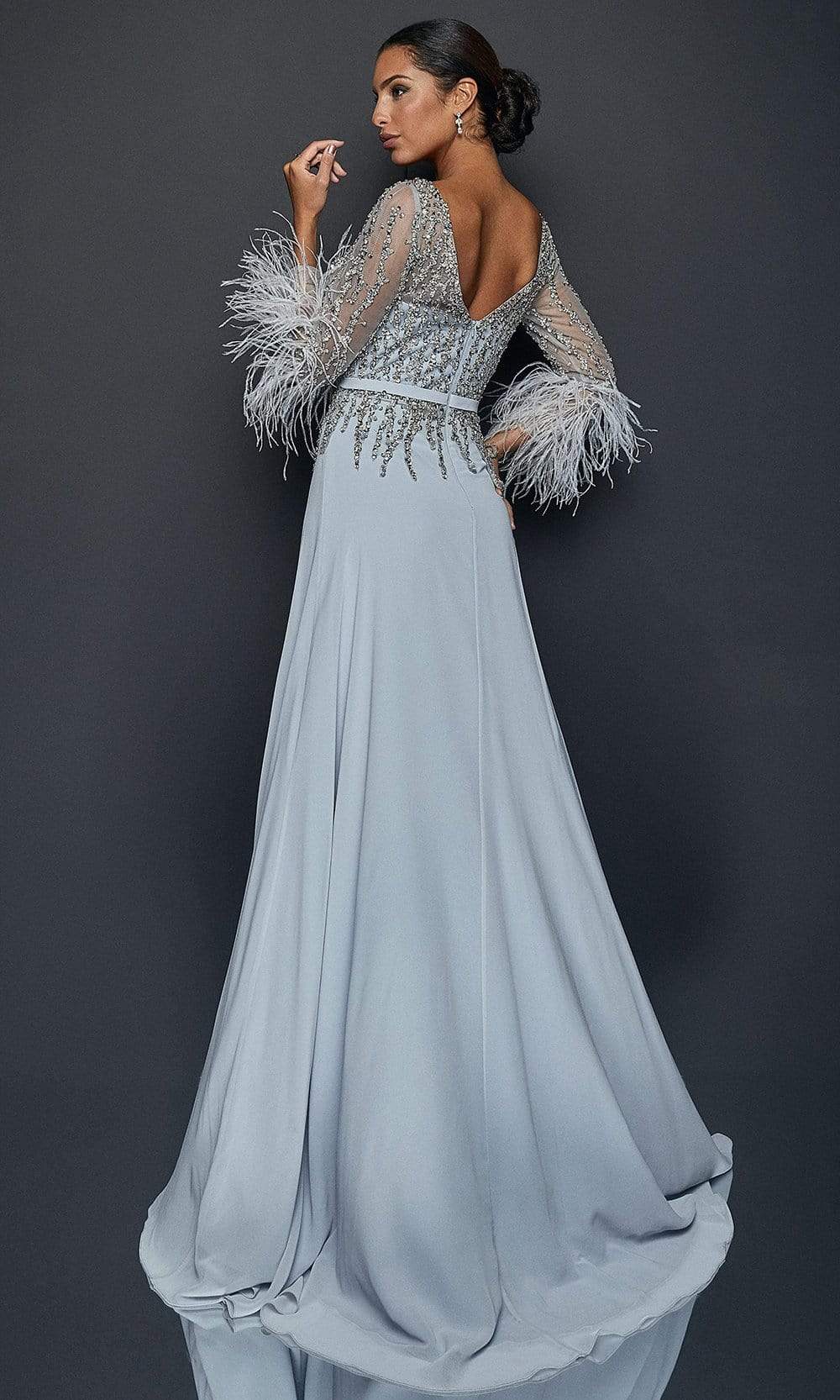 1921M0473 Feather-Fringed Quarter Sleeve Jeweled Gown