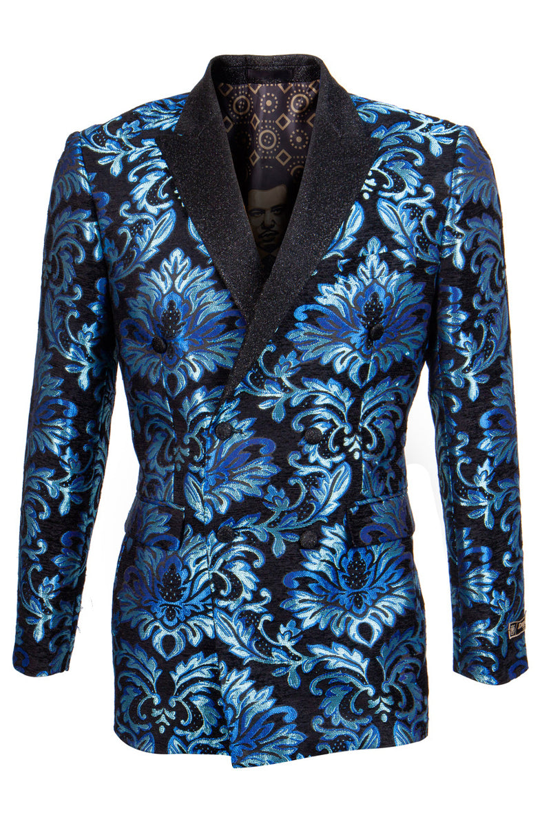 Men’s Double Breasted Shiny Shimmery Floral Brocade Tuxedo Jacket in Turquoise