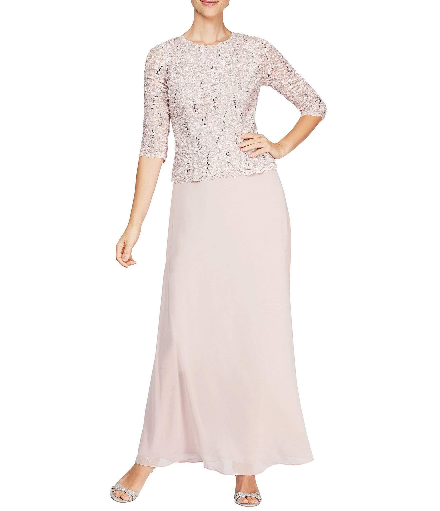 212318 Quarter Sleeve Sparkly Lace and Chiffon Dress