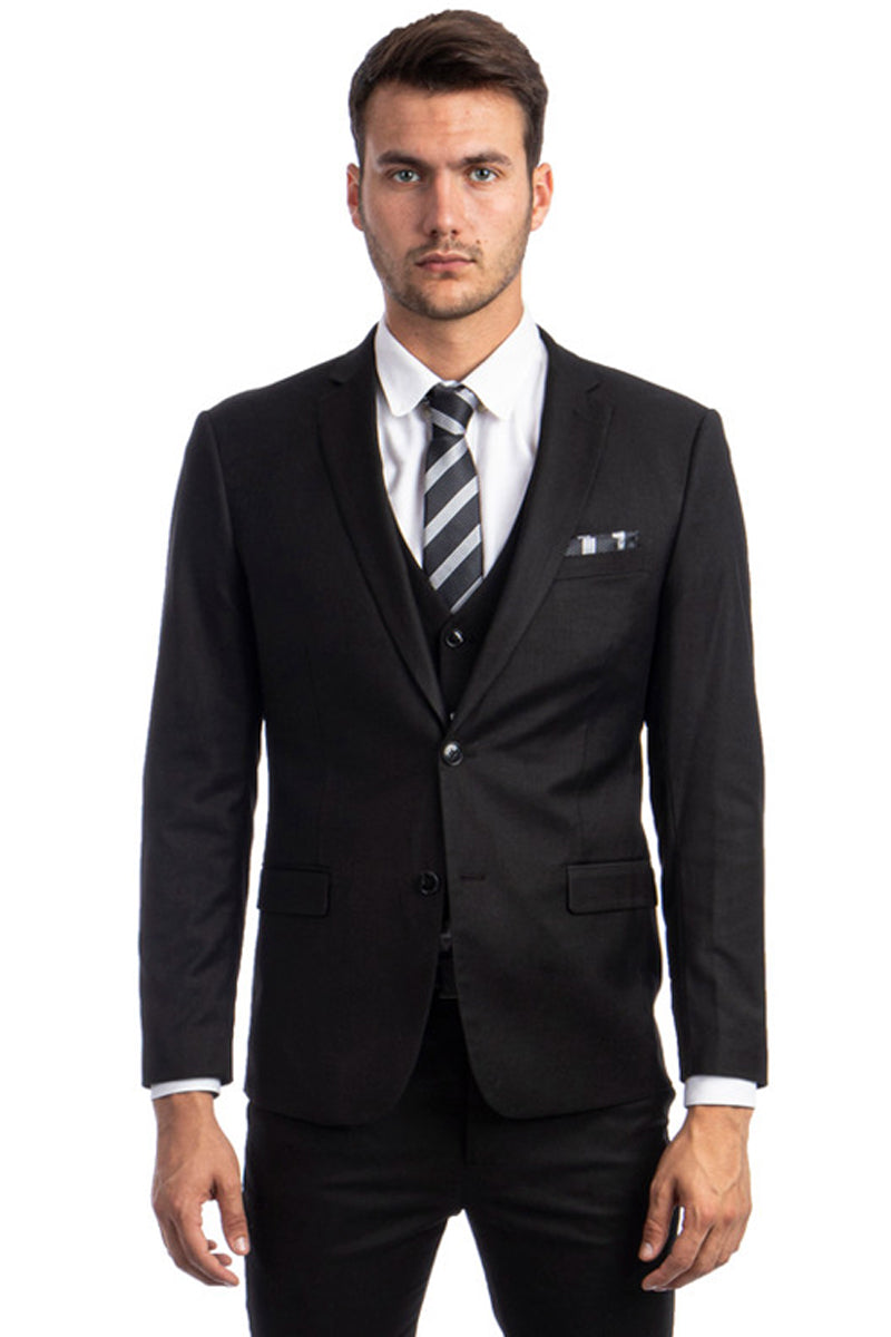 Men’s Two Button Slim Fit Vested Solid Basic Color Suit in Black
