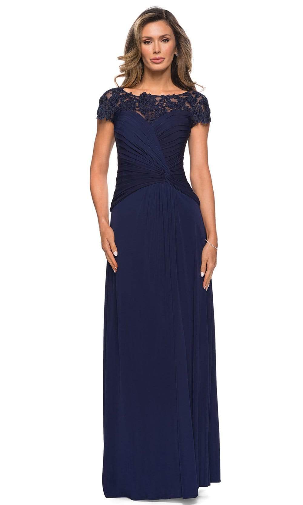 28029 Ruched Knotted A-Line Evening Dress