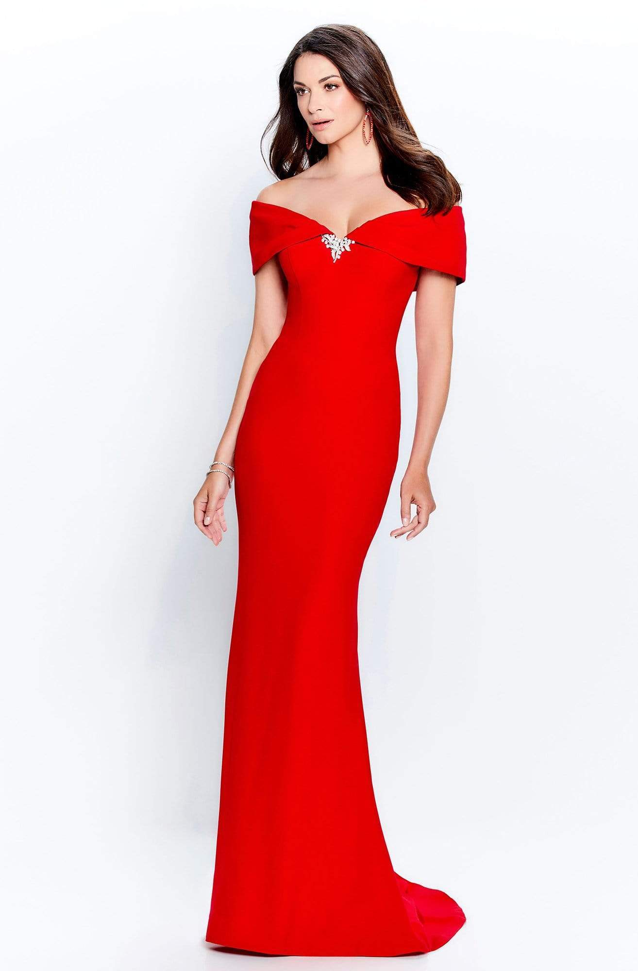 120905 Off Shoulder Brooch Accent Sheath Gown
