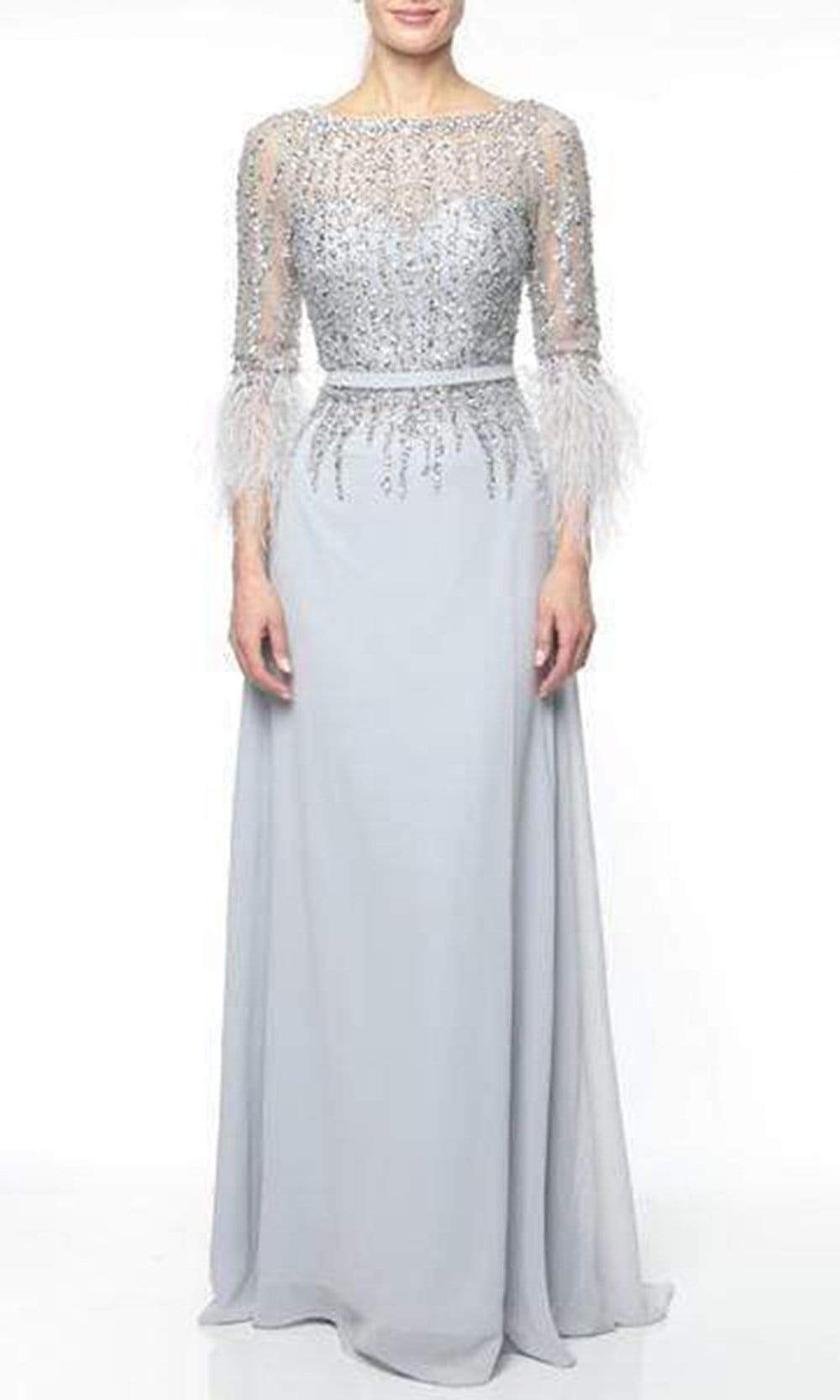 1921M0473 Feather-Fringed Quarter Sleeve Jeweled Gown