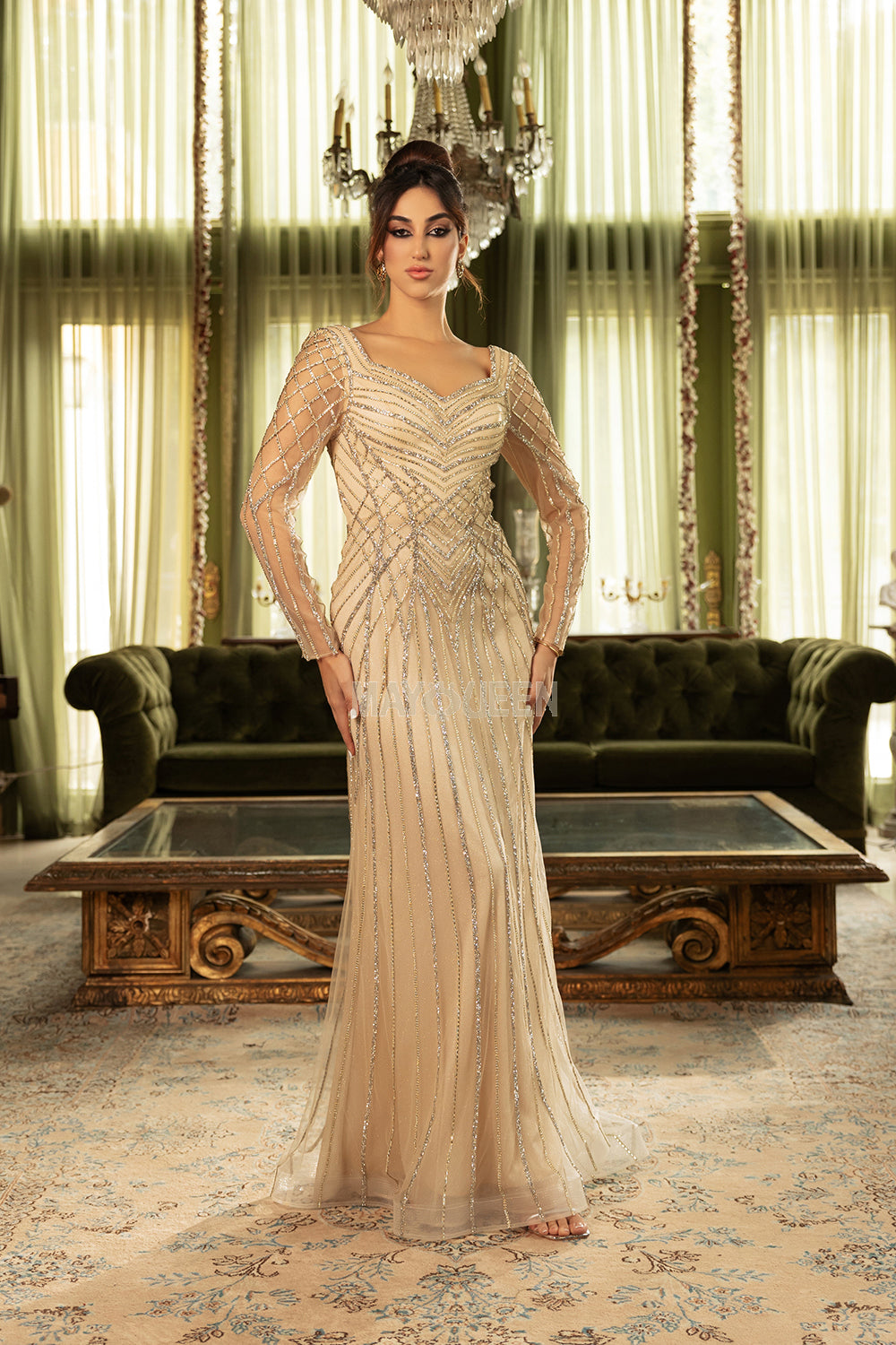 Long Sleeve Sweetheart Evening Gown