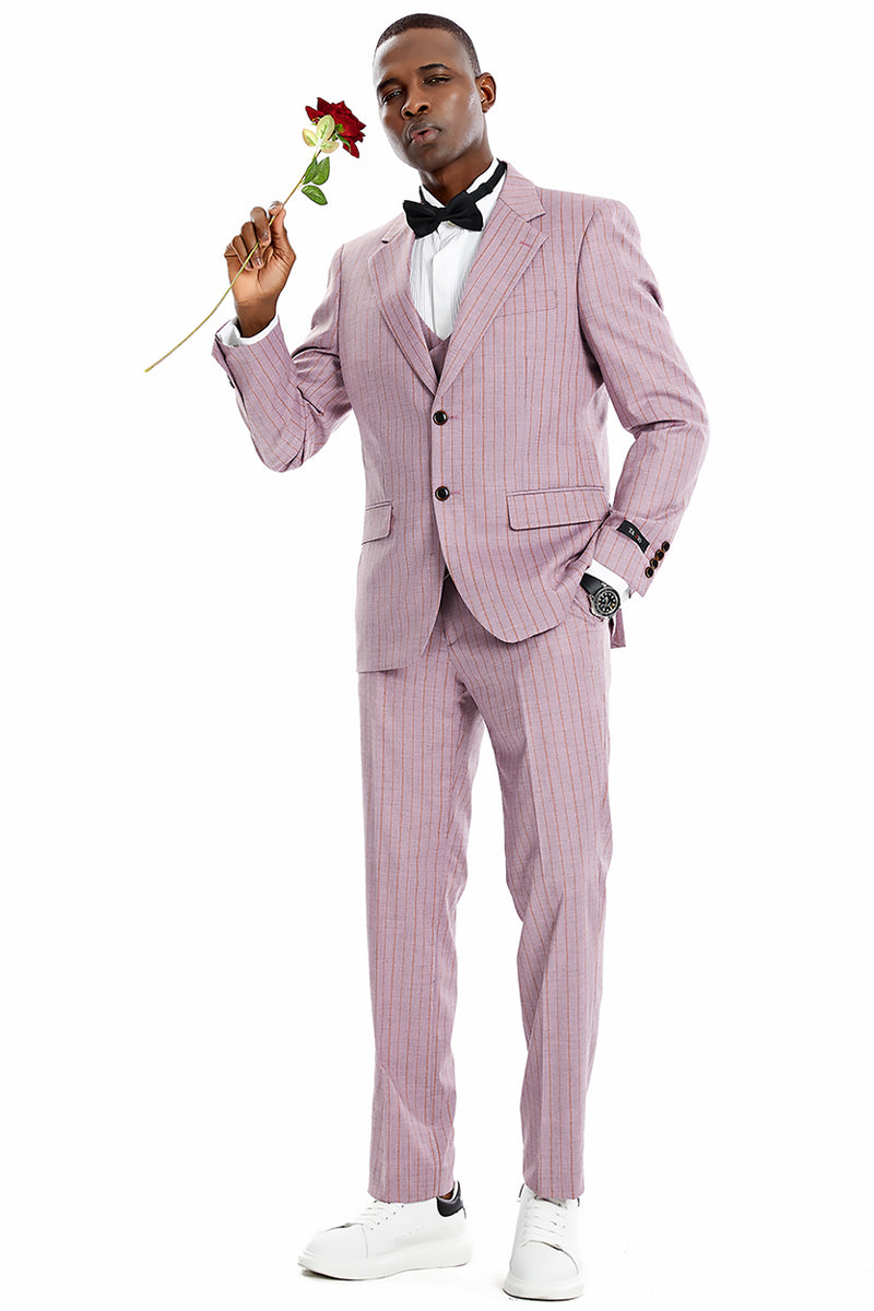 Men’s Two Button Vested Wide Notch Lapel Vintage Style Pinstripe Suit in Dusty Rose Pink